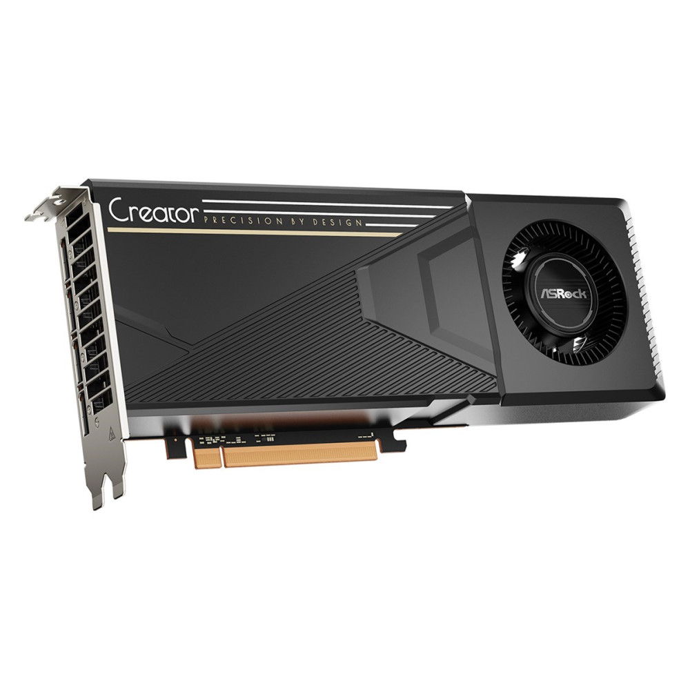 Czarna karta graficzna ASRock Creator z wentylatorem na białym tle.