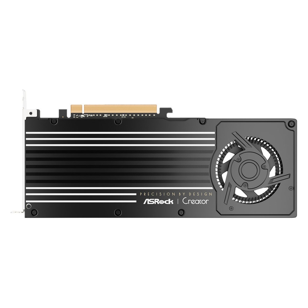 Czarna karta graficzna ASRock Creator ze srebrnymi liniami i dużym wentylatorem.