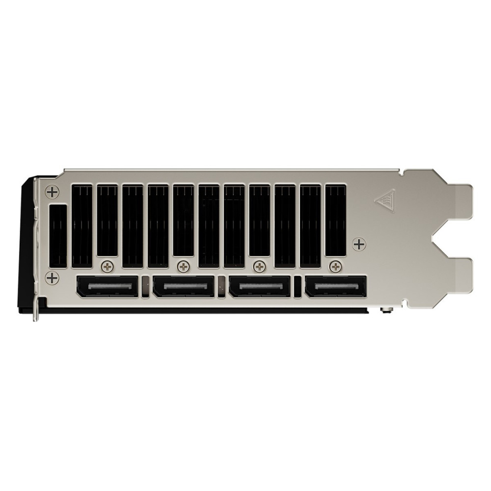 Metalowy uchwyt karty graficznej z czterema złączami DisplayPort i szczelinami wentylacyjnymi.