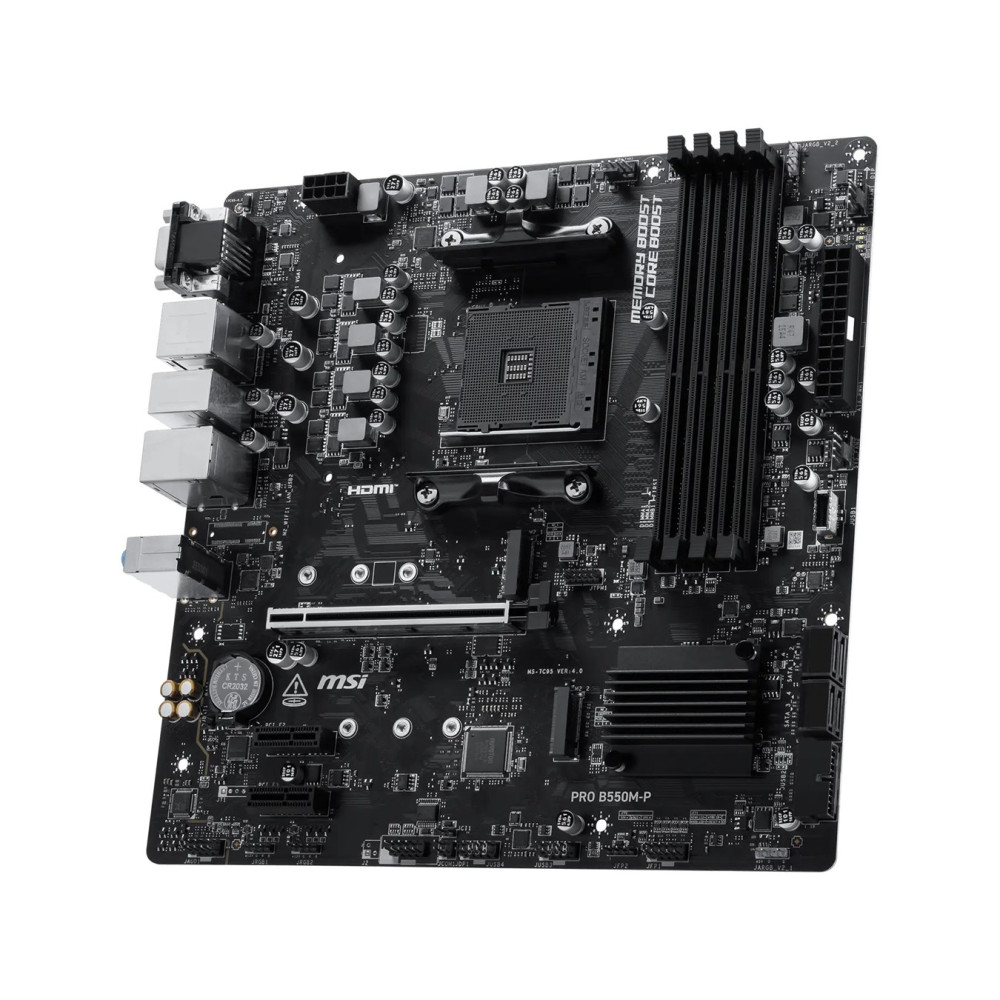 Czarna płyta główna komputera MSI PRO B550M-P na białym tle.