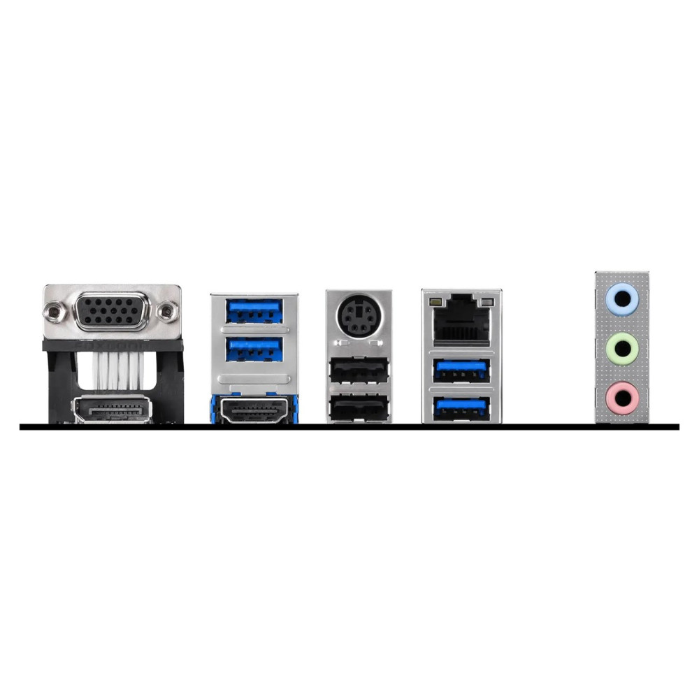 Panel I/O płyty głównej z portami VGA, USB, HDMI, LAN i audio na czarnym tle.