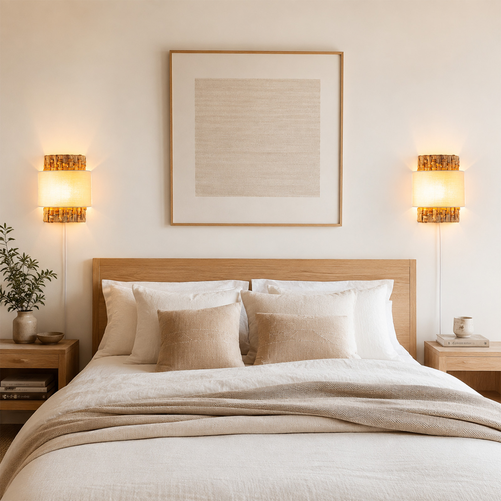 Acogedor dormitorio con cama de madera, cojines blancos, detalles en beige y apliques.