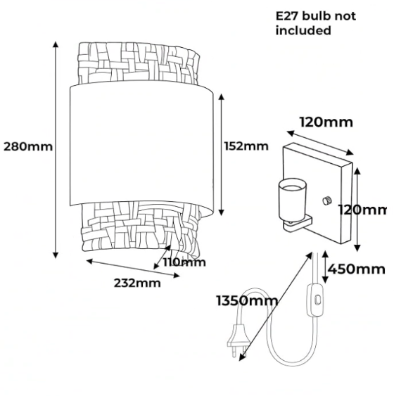 Diagrama de una lámpara de pared con dimensiones, portalámparas y cable.