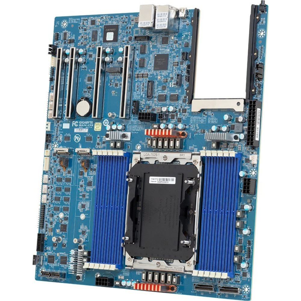 Niebieska płyta główna serwera z gniazdem LGA-7529-1 i niebieskimi slotami RAM.