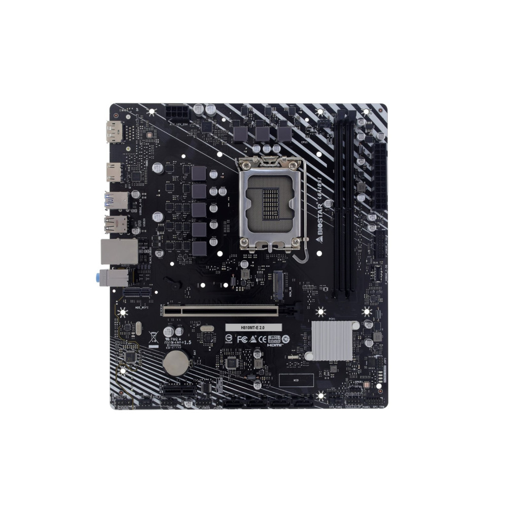 Czarna płyta główna Biostar H610MT-E 2.0 z gniazdem procesora, slotami RAM i portami na białym tle.