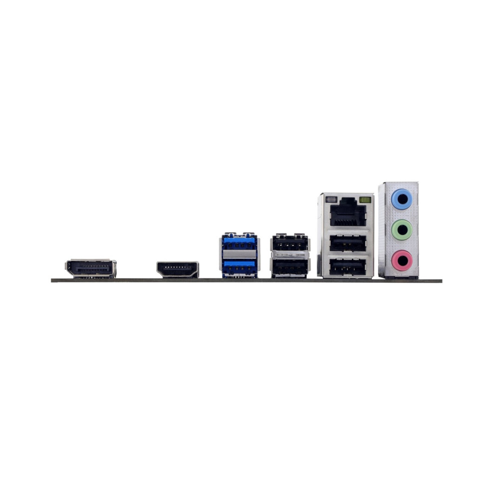 Tylny panel płyty głównej z portami USB, DisplayPort, HDMI, Ethernet i audio na białym tle.