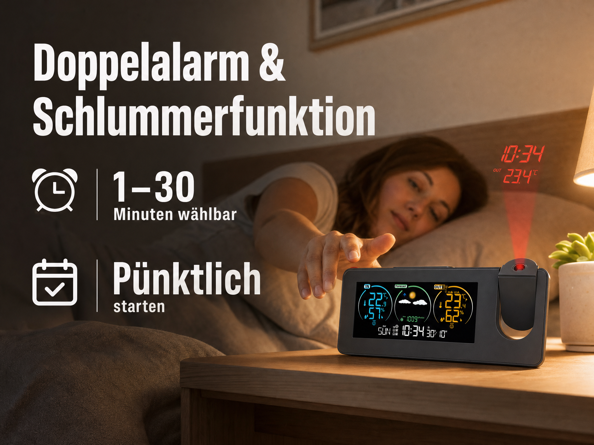 Eine Frau im Bett schaltet morgens einen digitalen Projektionswecker auf dem Nachttisch ab.