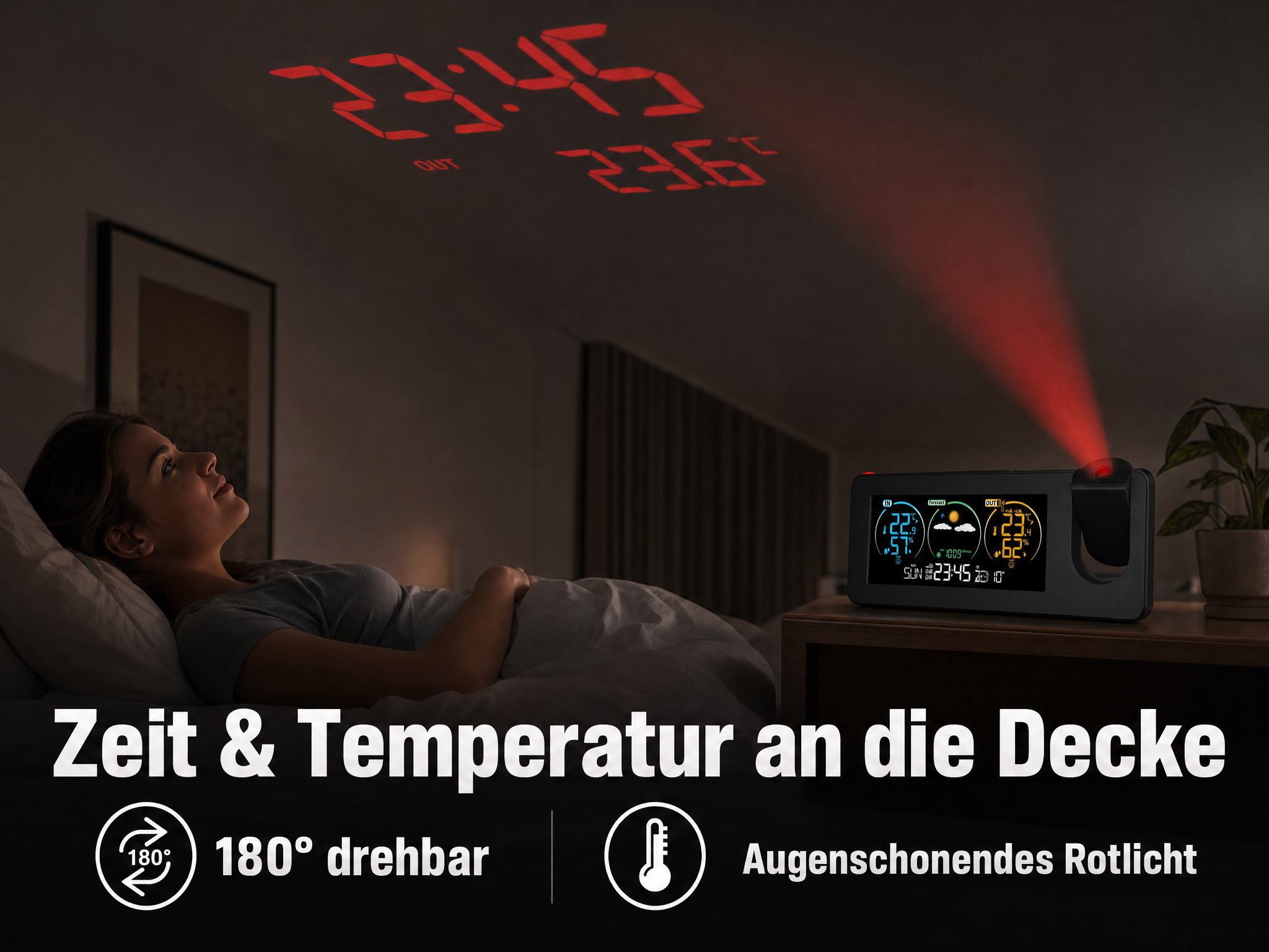 Digitaler Wecker auf Nachttisch projiziert rote Zeit und Temperatur an die Decke über schlafender Frau.