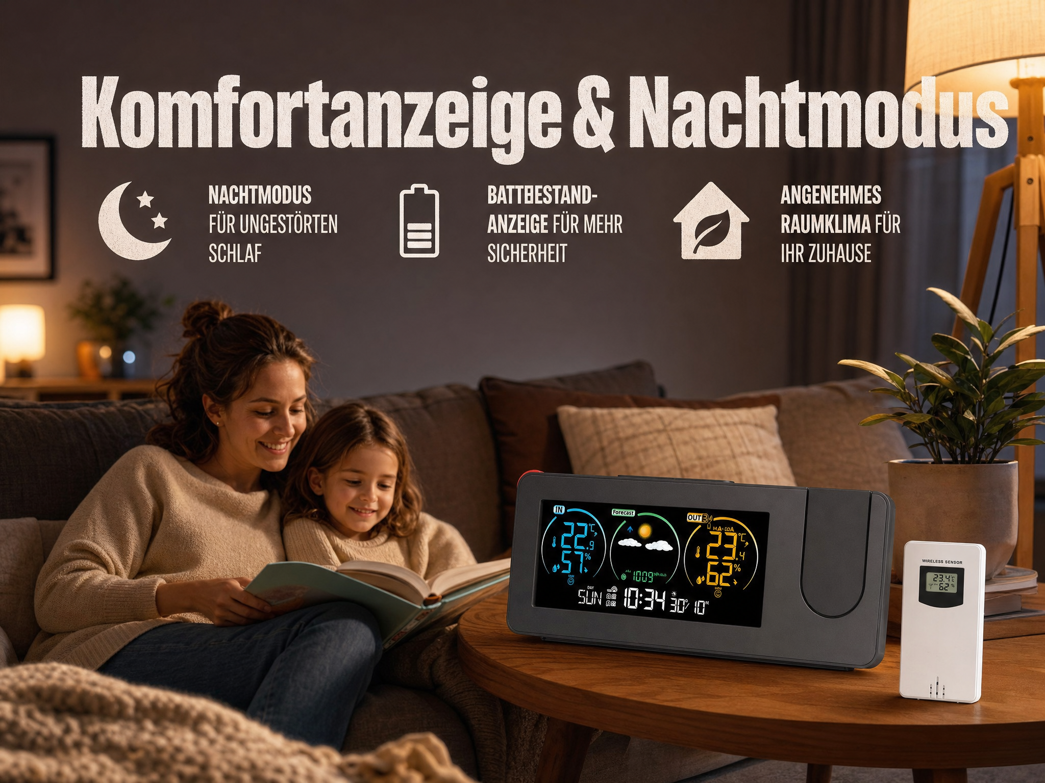 Eine Frau und ein Kind lesen ein Buch auf dem Sofa, davor auf einem Tisch steht ein digitales Wetterdisplay.