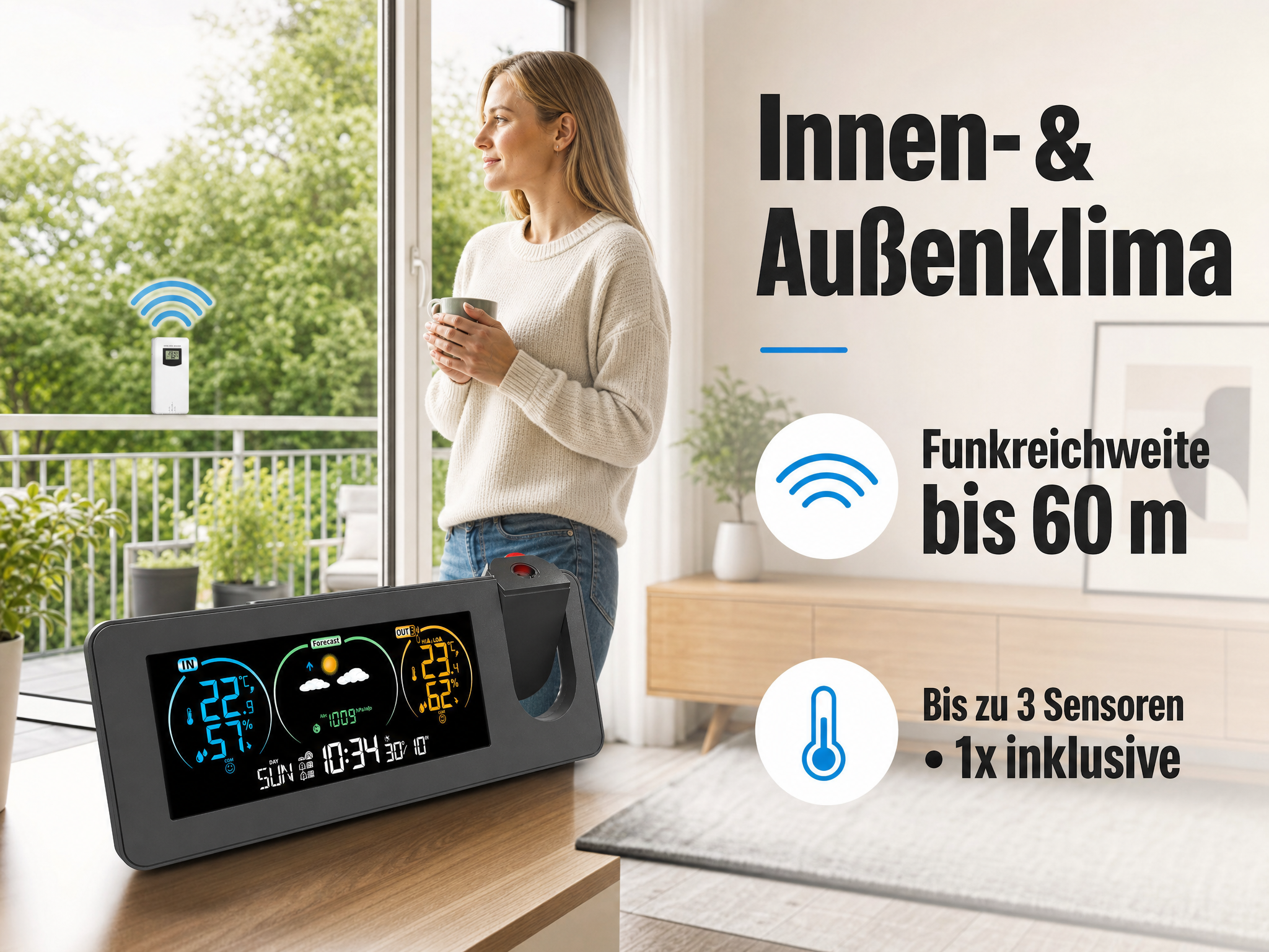 Eine Wetterstation auf dem Schreibtisch zeigt Innen- und Außendaten, im Hintergrund blickt eine Frau aus dem Fenster.
