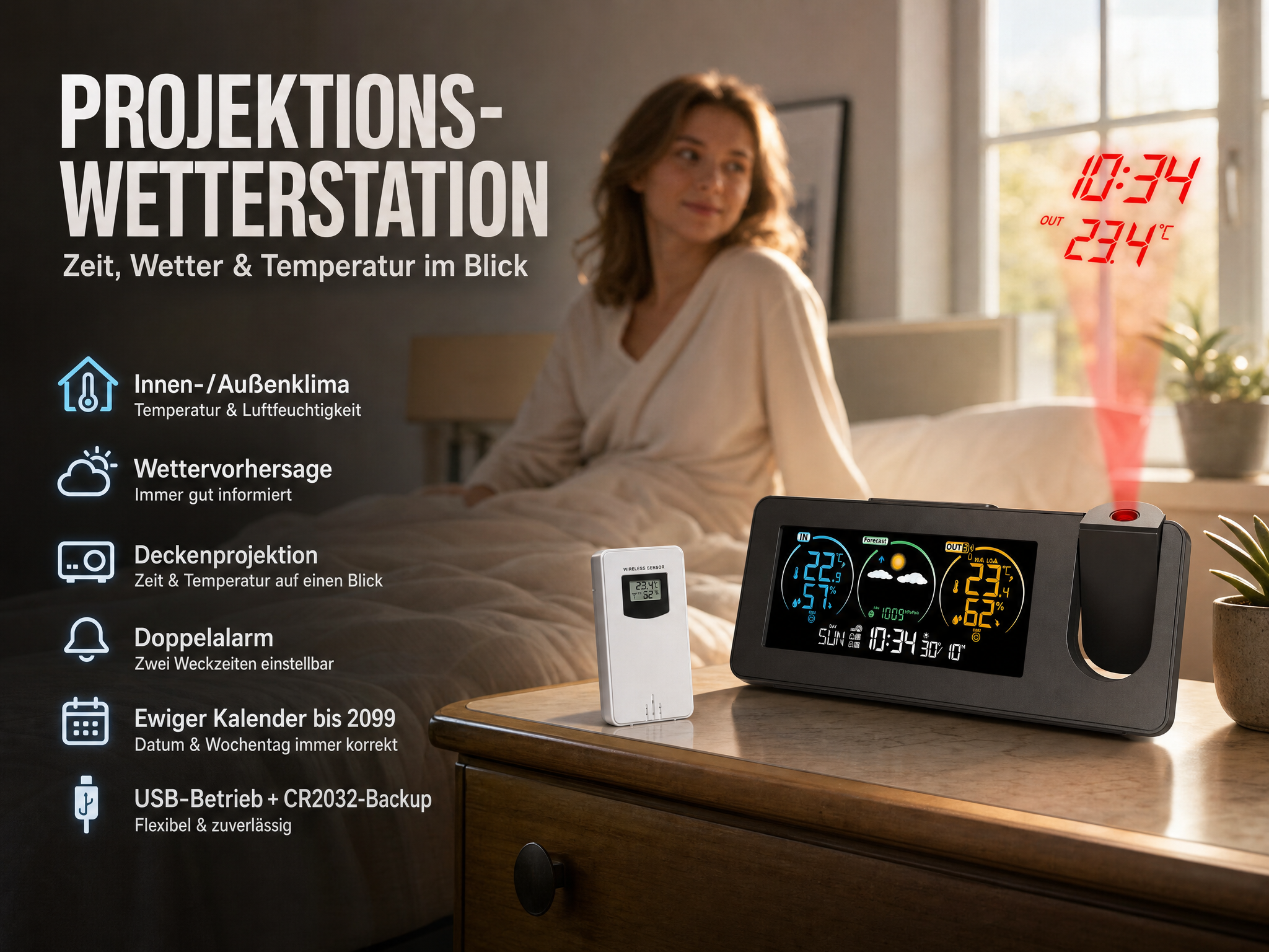 Projektions-Wetterstation mit Display und Sensor auf Nachttisch im Schlafzimmer.