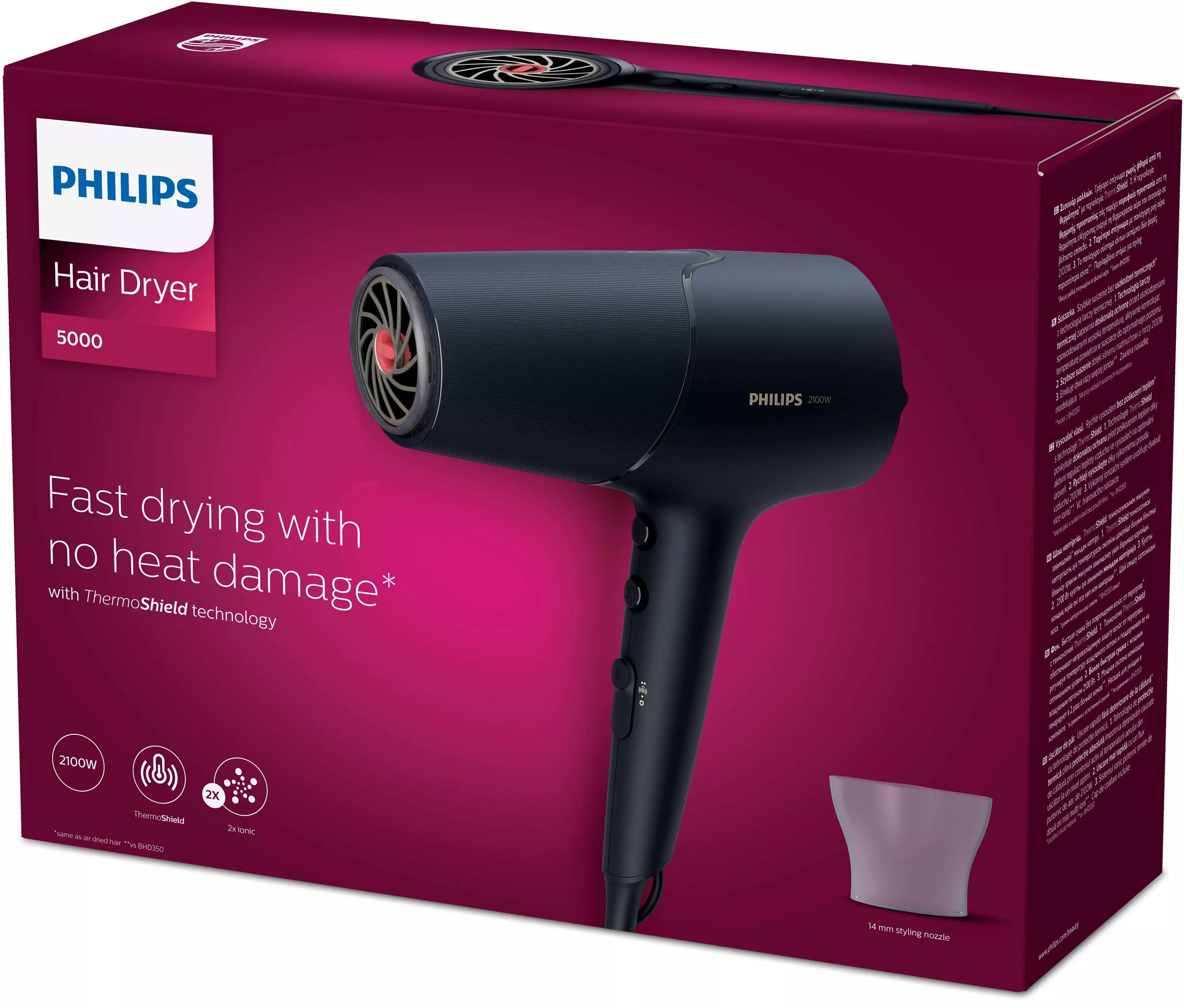 Czarna suszarka do włosów Philips 5000 w bordowym pudełku.