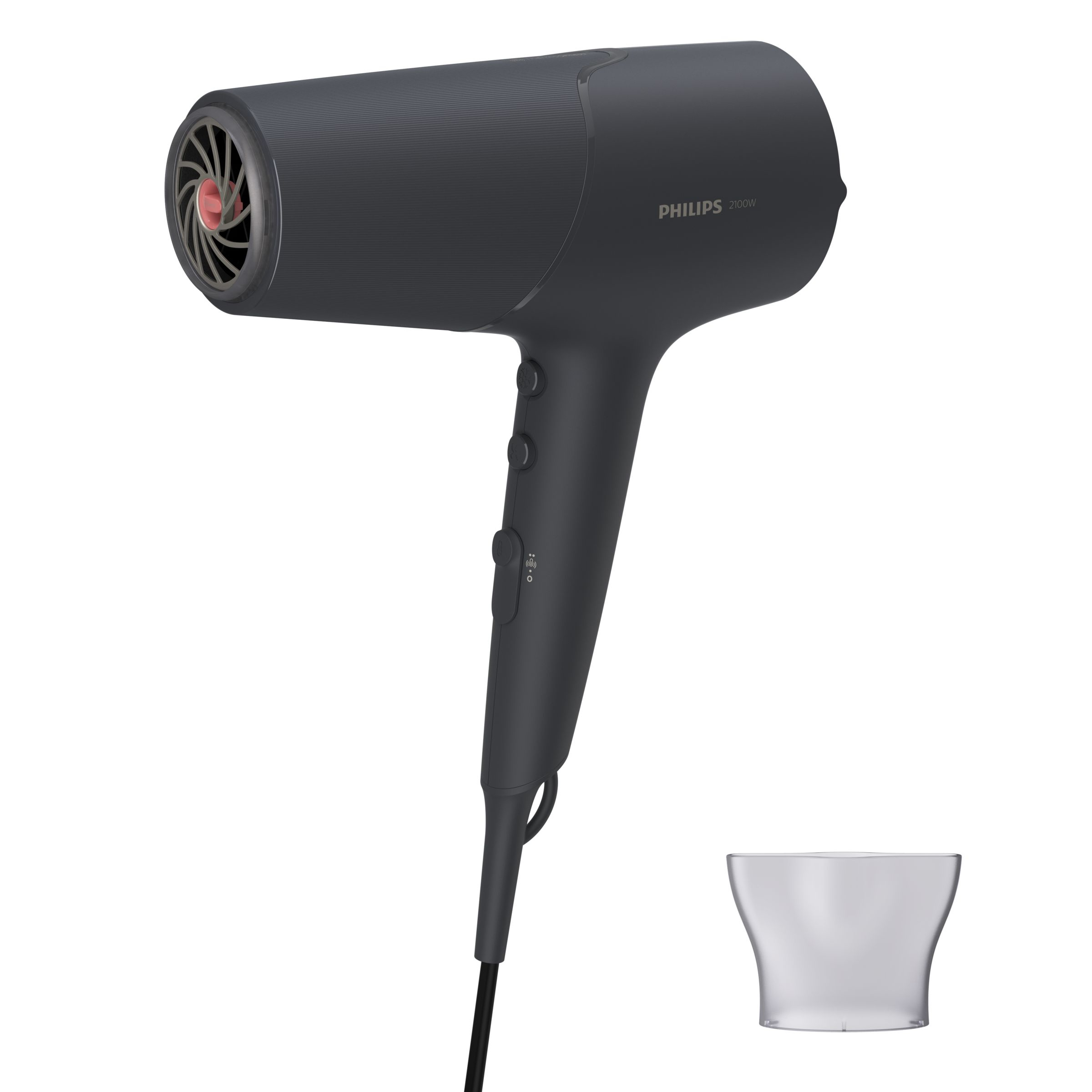 Nowoczesna ciemnoszara suszarka Philips 2100W z odłączaną przezroczystą dyszą na białym tle.