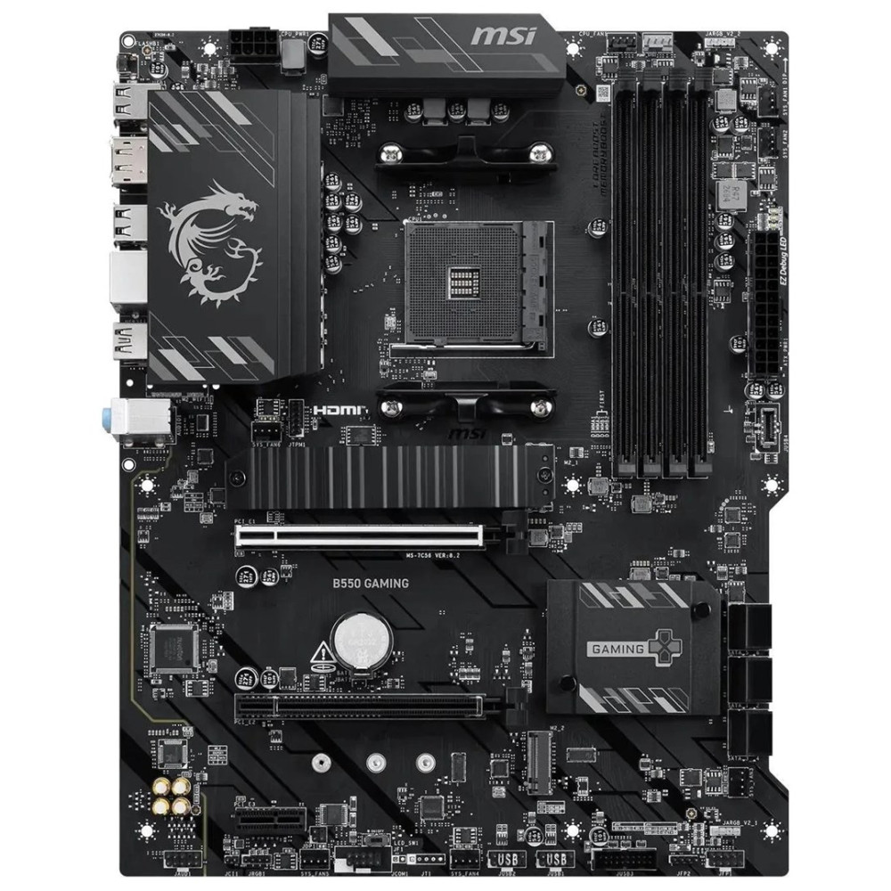 Czarna płyta główna MSI B550 gaming z radiatorami, gniazdem CPU, slotami RAM i portami.