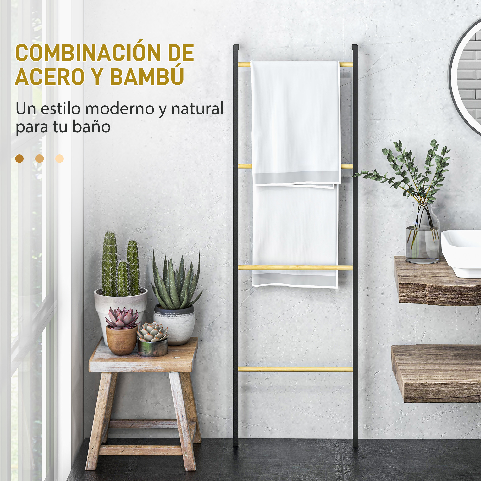 Un toallero de metal negro y bambú se encuentra en un baño moderno junto a plantas.