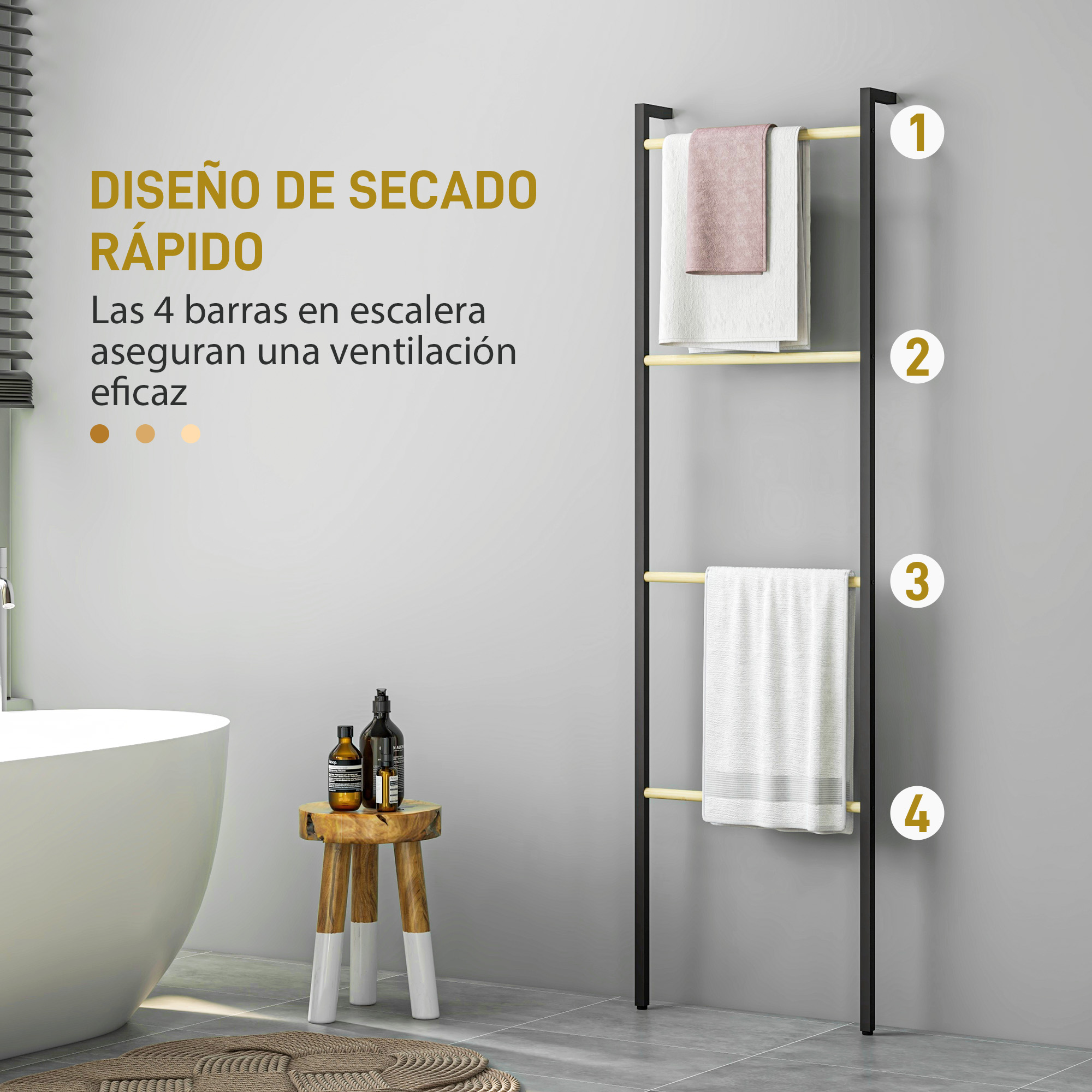 Toallero de escalera negro con cuatro barras de madera en una pared gris.