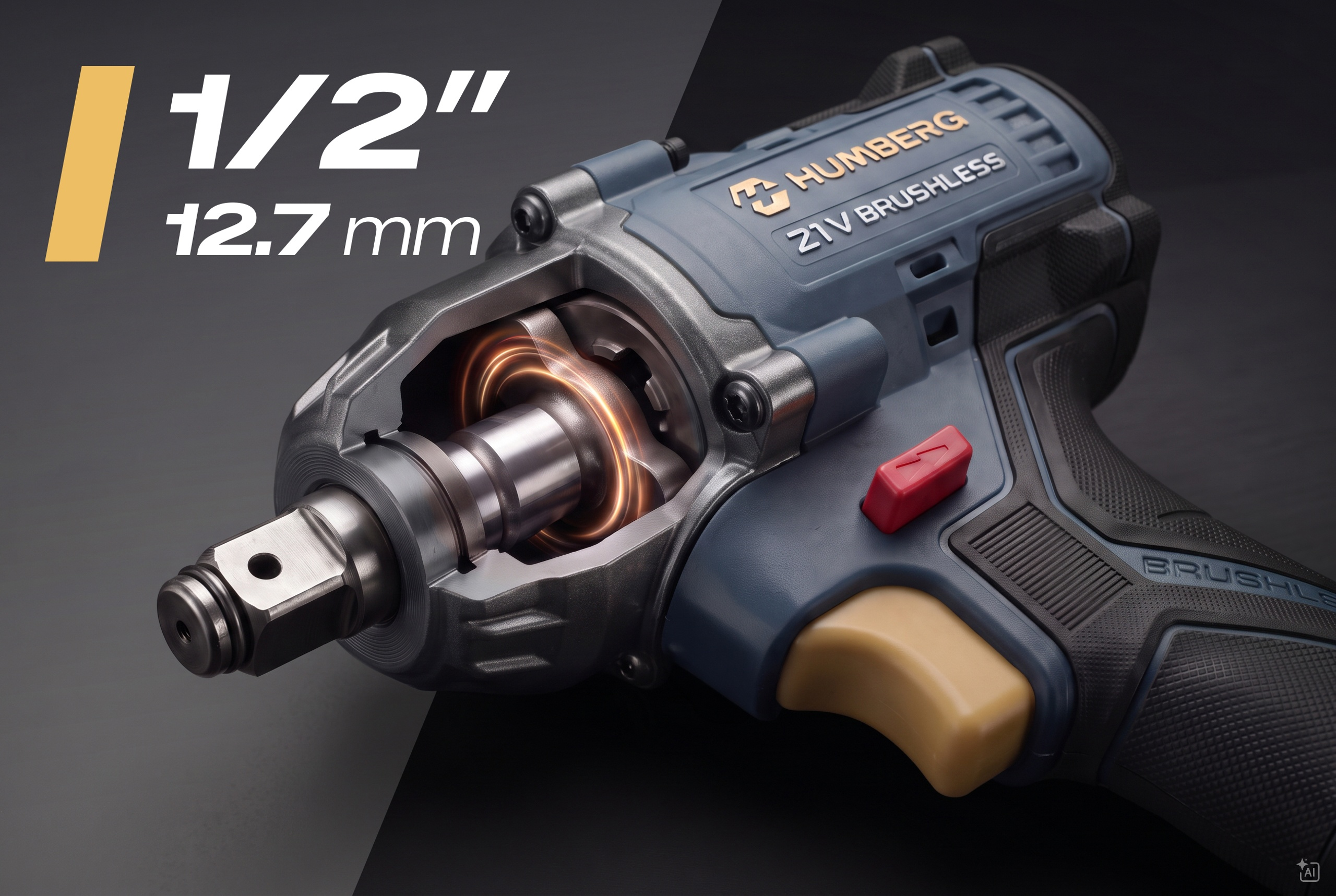 Przekrój niebieskiego akumulatorowego klucza udarowego pokazujący mechanizm wewnętrzny.