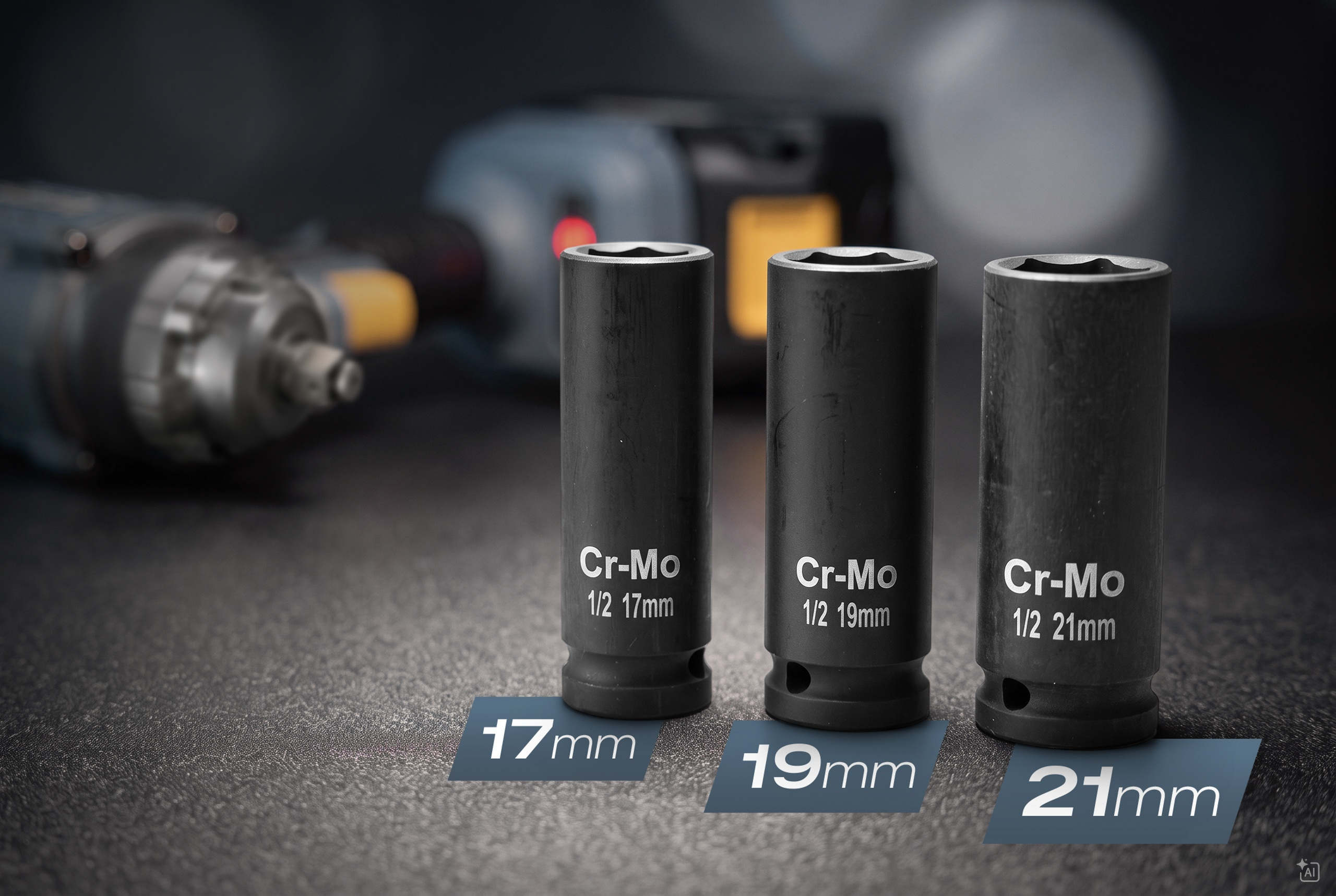 Trzy czarne nasadki Cr-Mo 17 mm, 19 mm i 21 mm stoją przed elektronarzędziem.