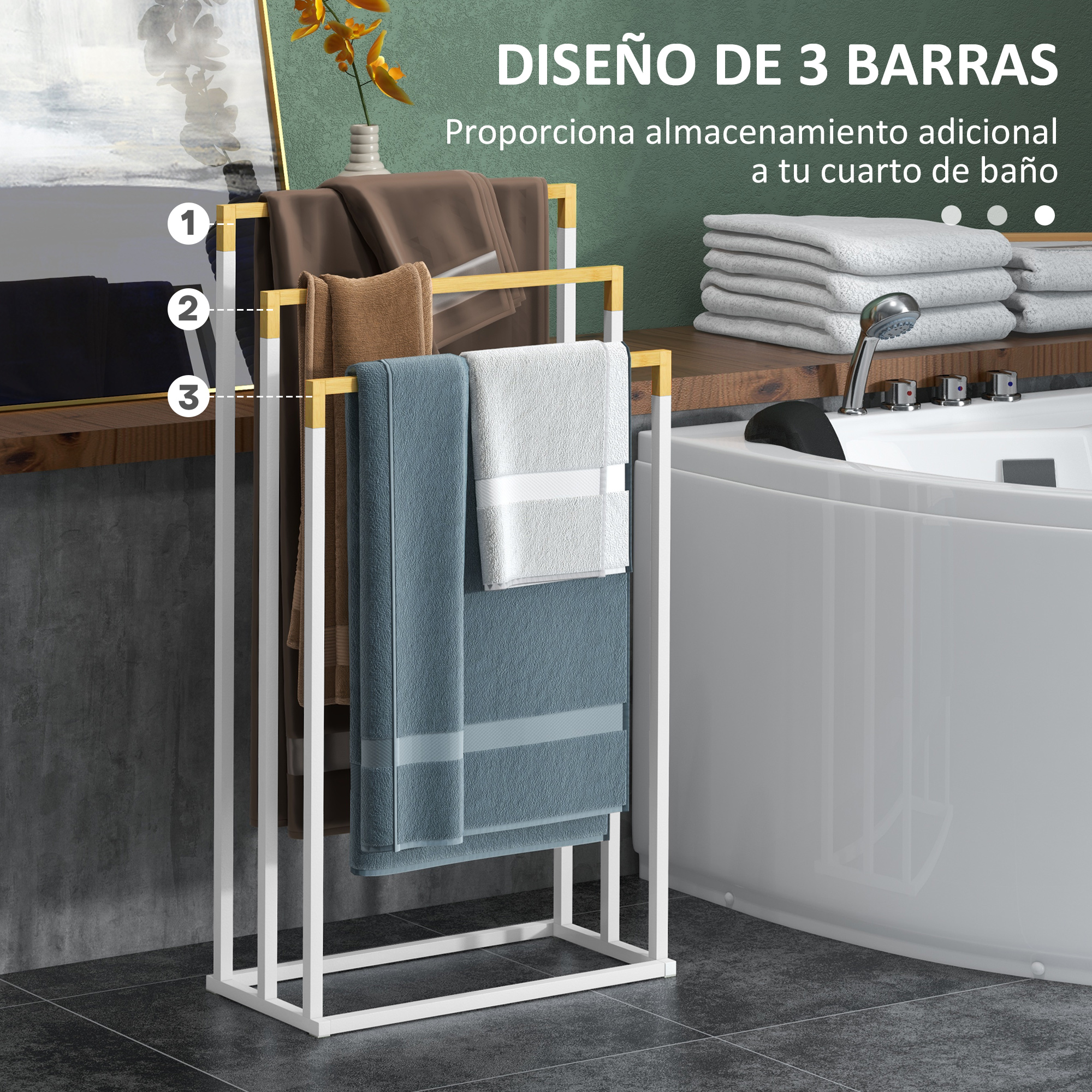 Un toallero de metal blanco de tres niveles con toallas en un baño moderno.