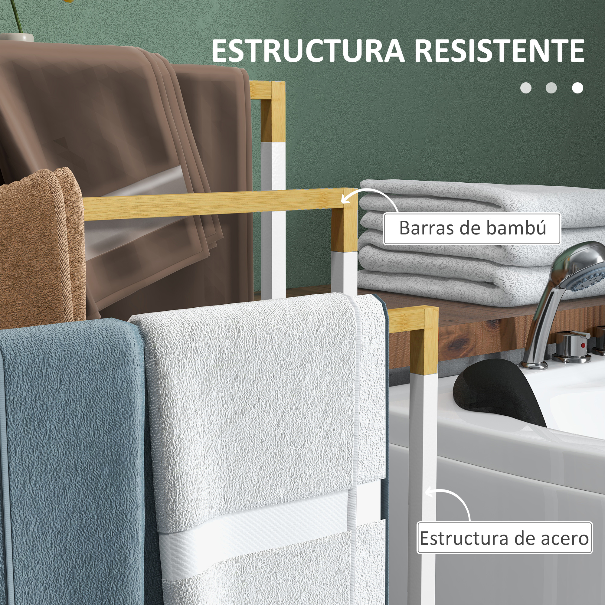 Toallero de bambú y acero con toallas de colores en un baño.