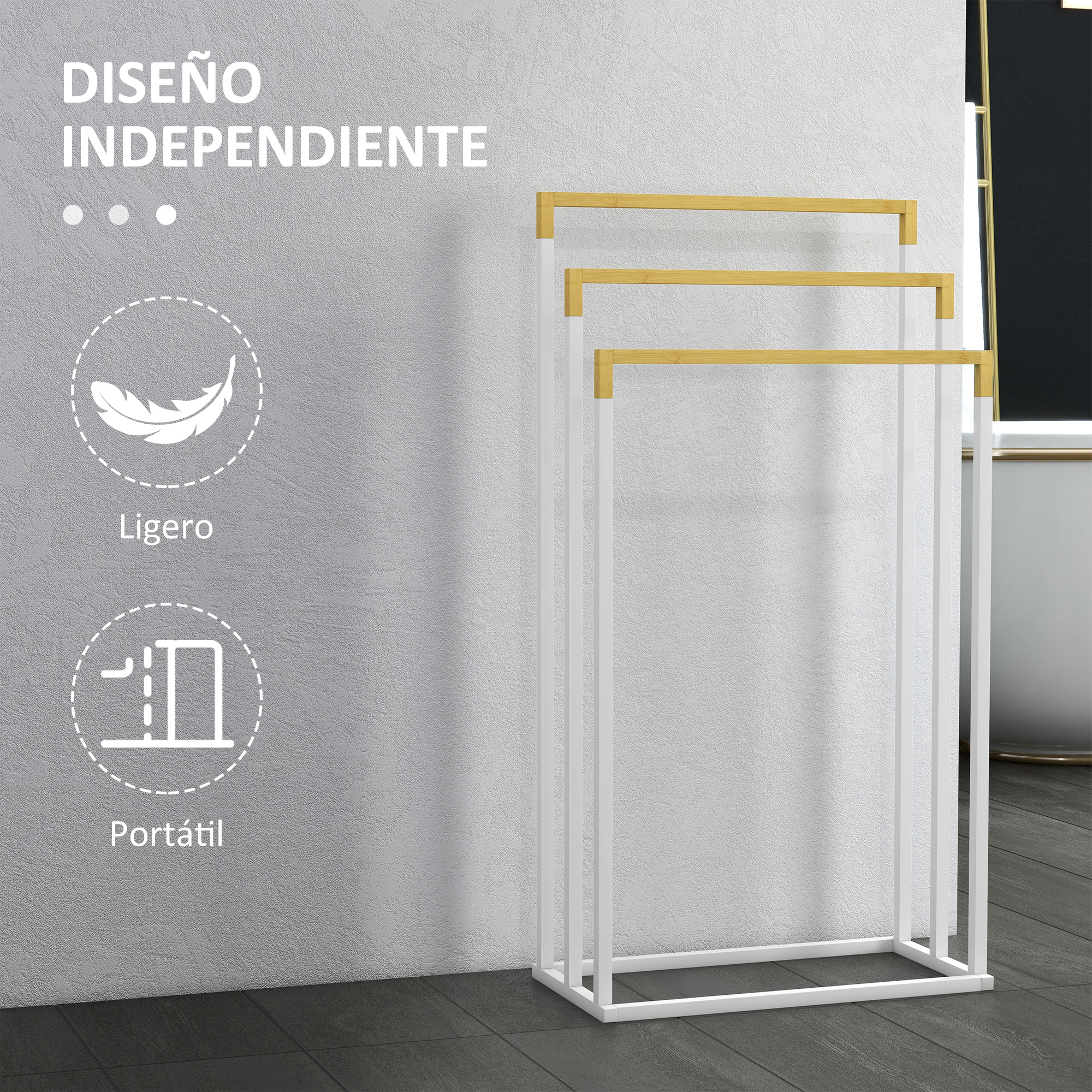 Toallero blanco independiente con detalles en madera frente a una pared gris.
