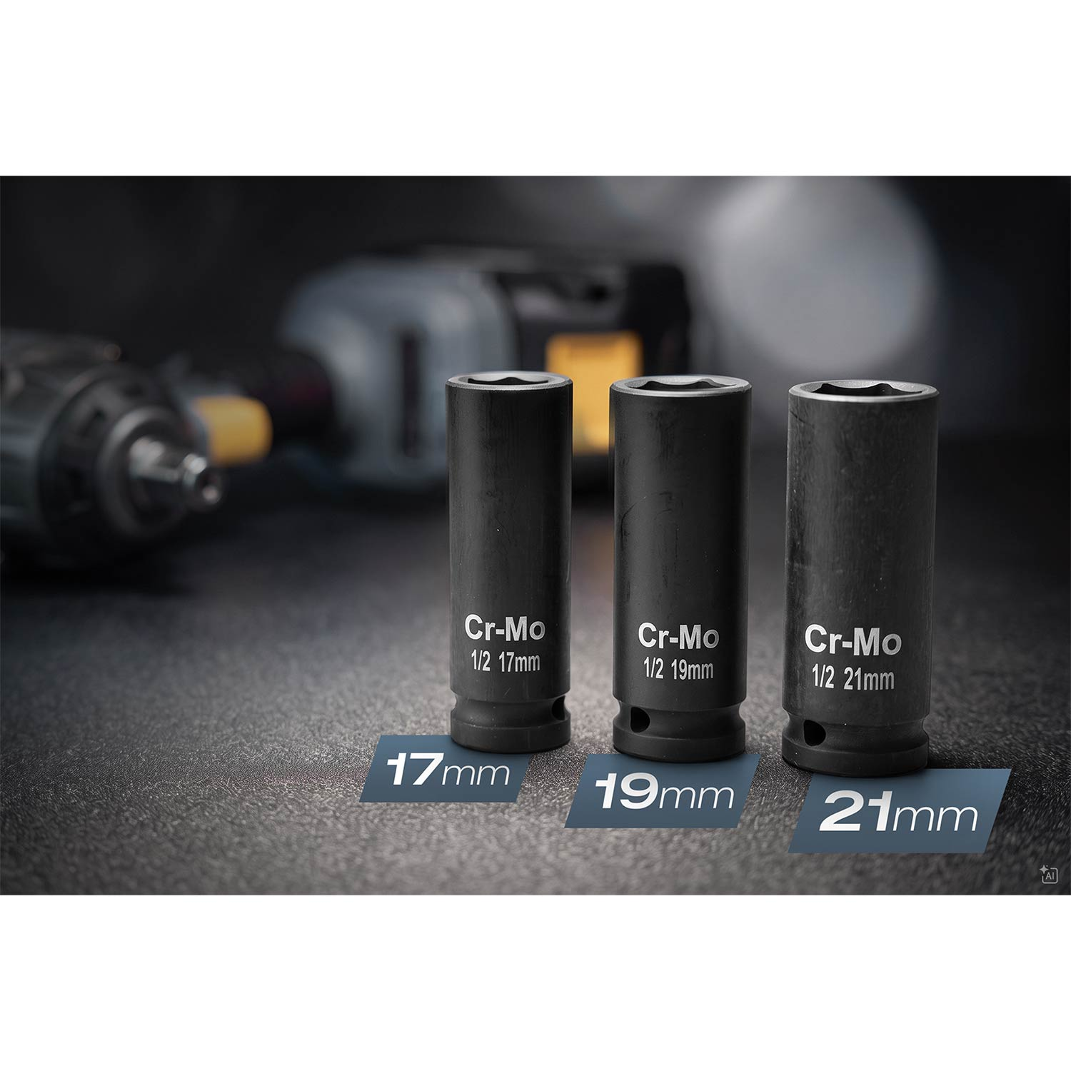 Trzy czarne nasadki Cr-Mo 17mm, 19mm i 21mm stoją przed rozmytym narzędziem.