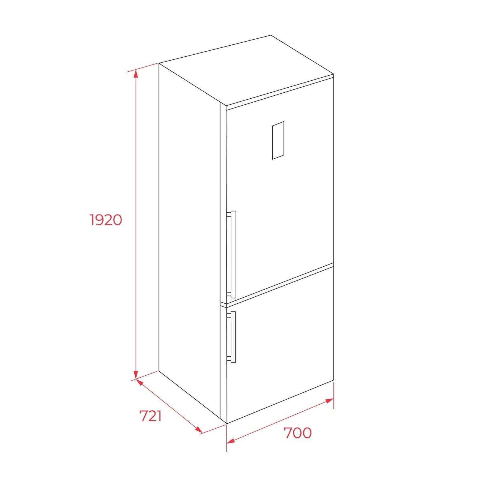 1920x700x721 mm ölçülerinde bir buzdolabının çizgi çizimi.