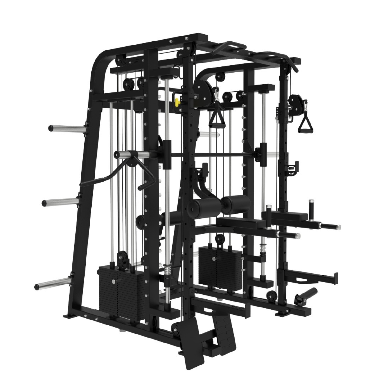 Equipo de entrenamiento de fuerza multi-gimnasio negro con cables y pesas sobre fondo blanco.