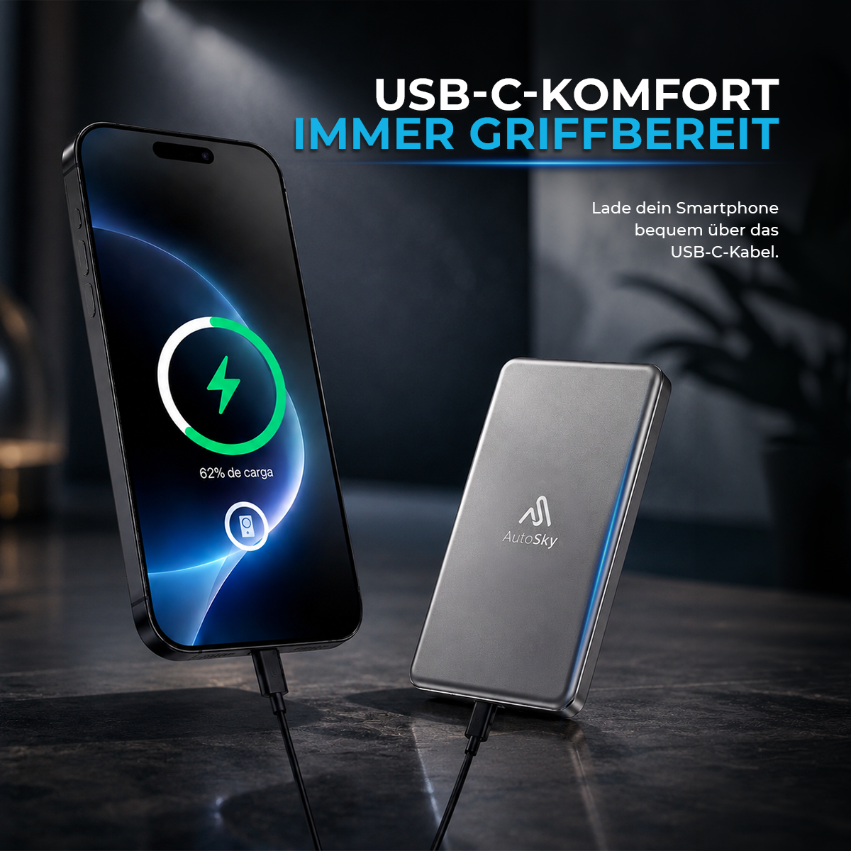 Ein Smartphone und eine graue AutoSky Powerbank stehen auf einer dunklen Oberfläche und werden mit USB-Kabeln geladen.