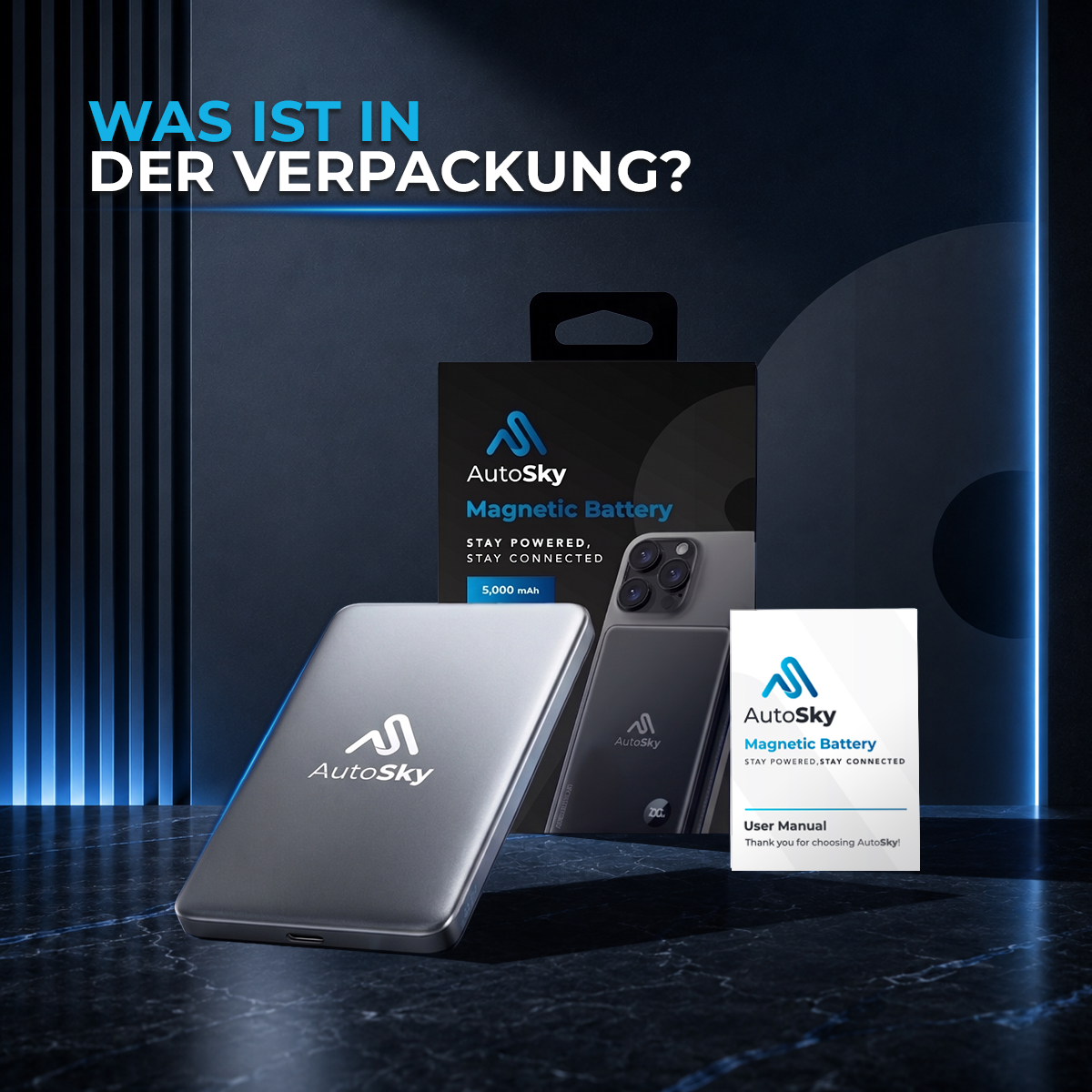 AutoSky MagSafe-Akku, Verpackung und Bedienungsanleitung auf dunklem Marmortisch.