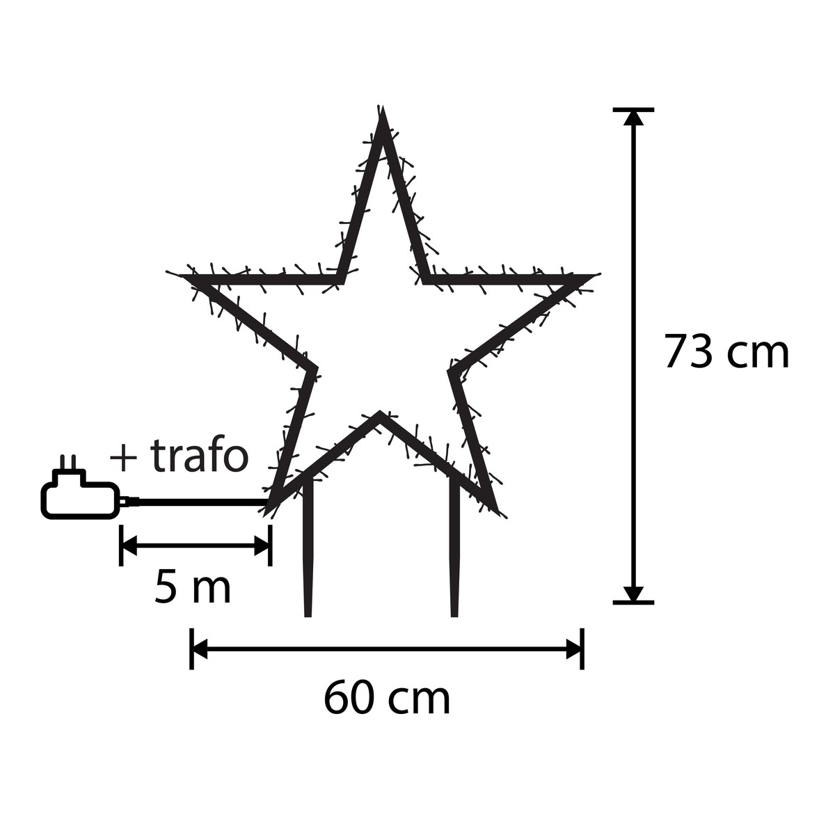 Technical drawing of a star, 73 cm high, 60 cm wide, with a 5 m power cable and transformer.