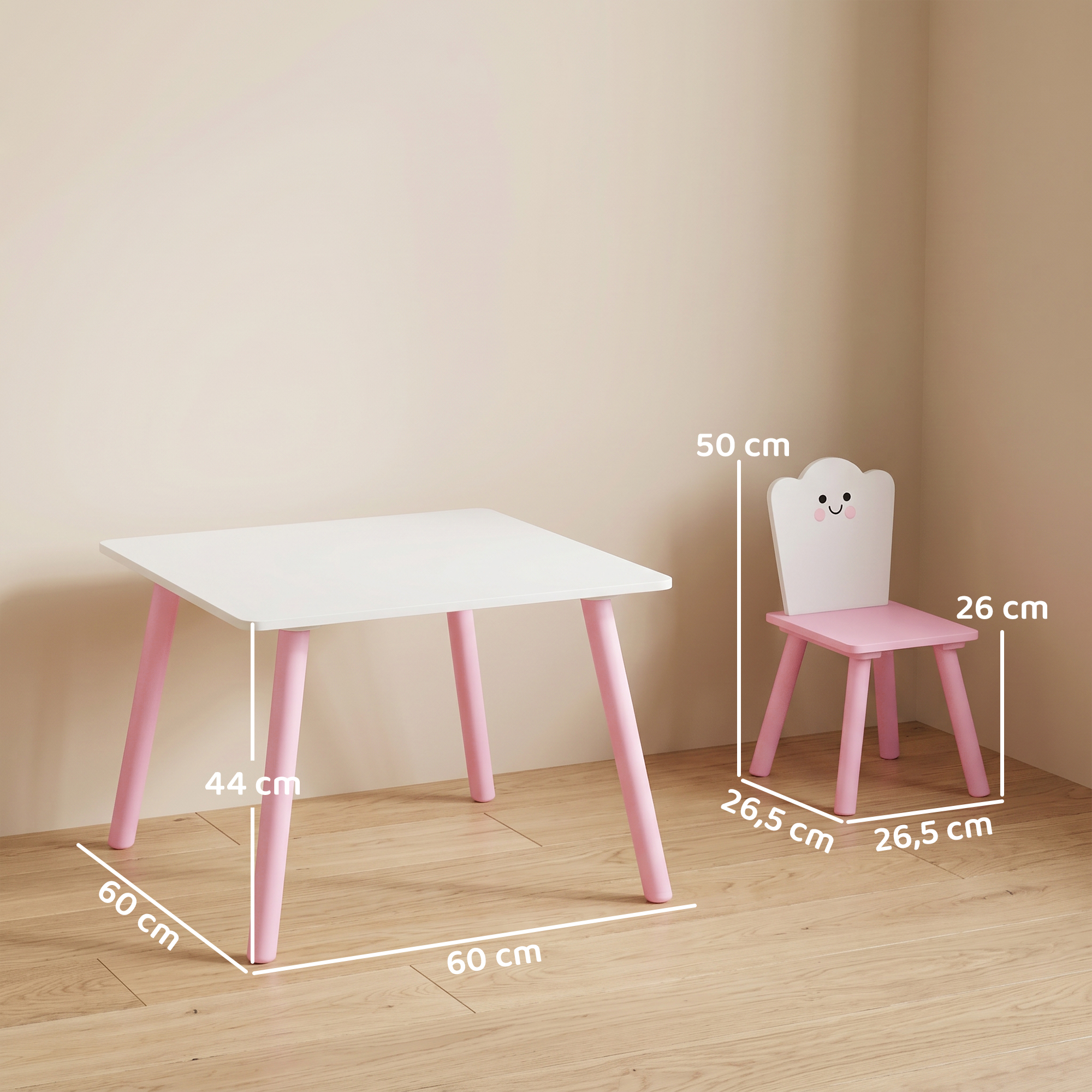 Conjunto de mesa y silla infantil en blanco y rosa sobre suelo de madera, con líneas de cotas.