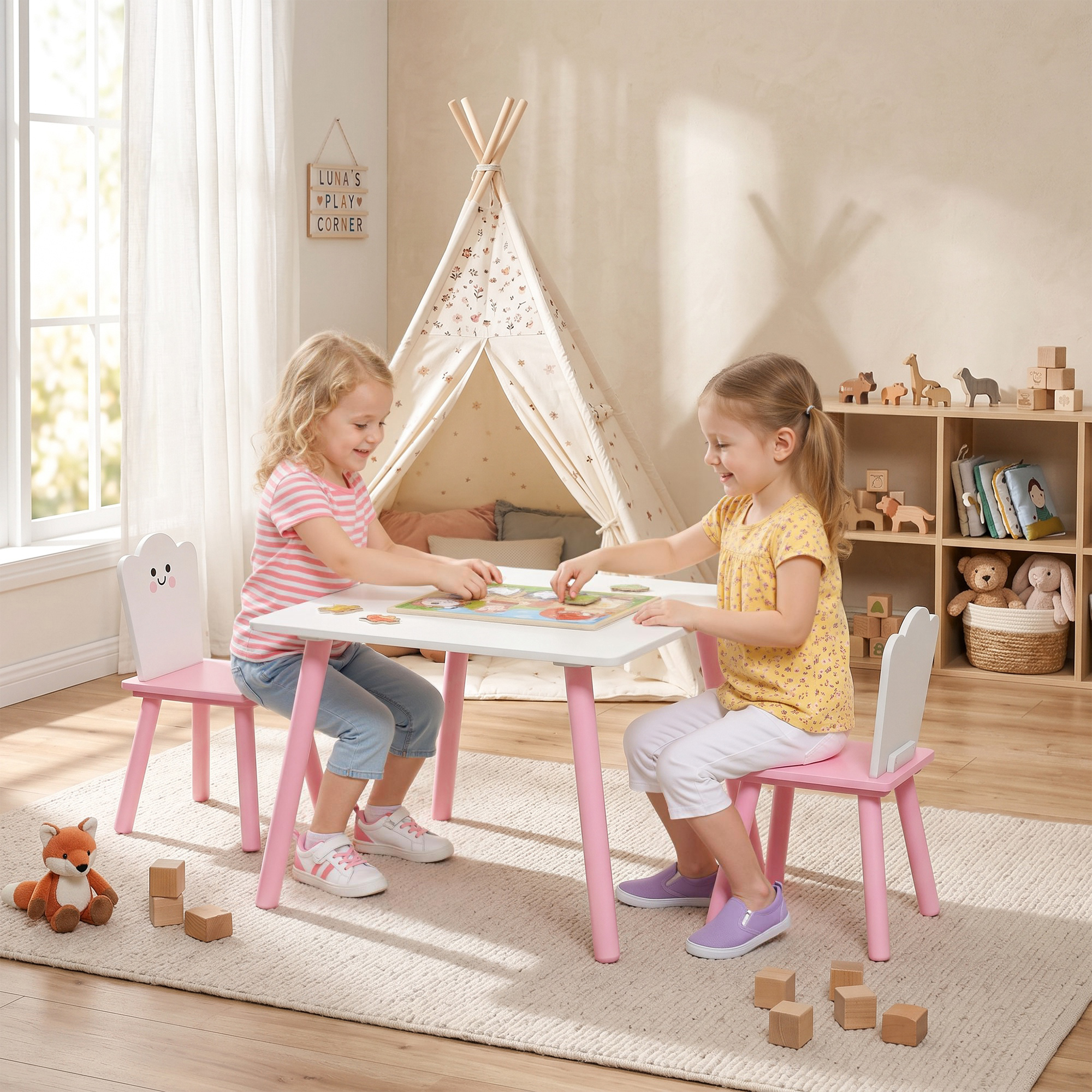 Dos niñas pequeñas juegan en una mesa de madera blanca con patas rosas en una sala de juegos luminosa.