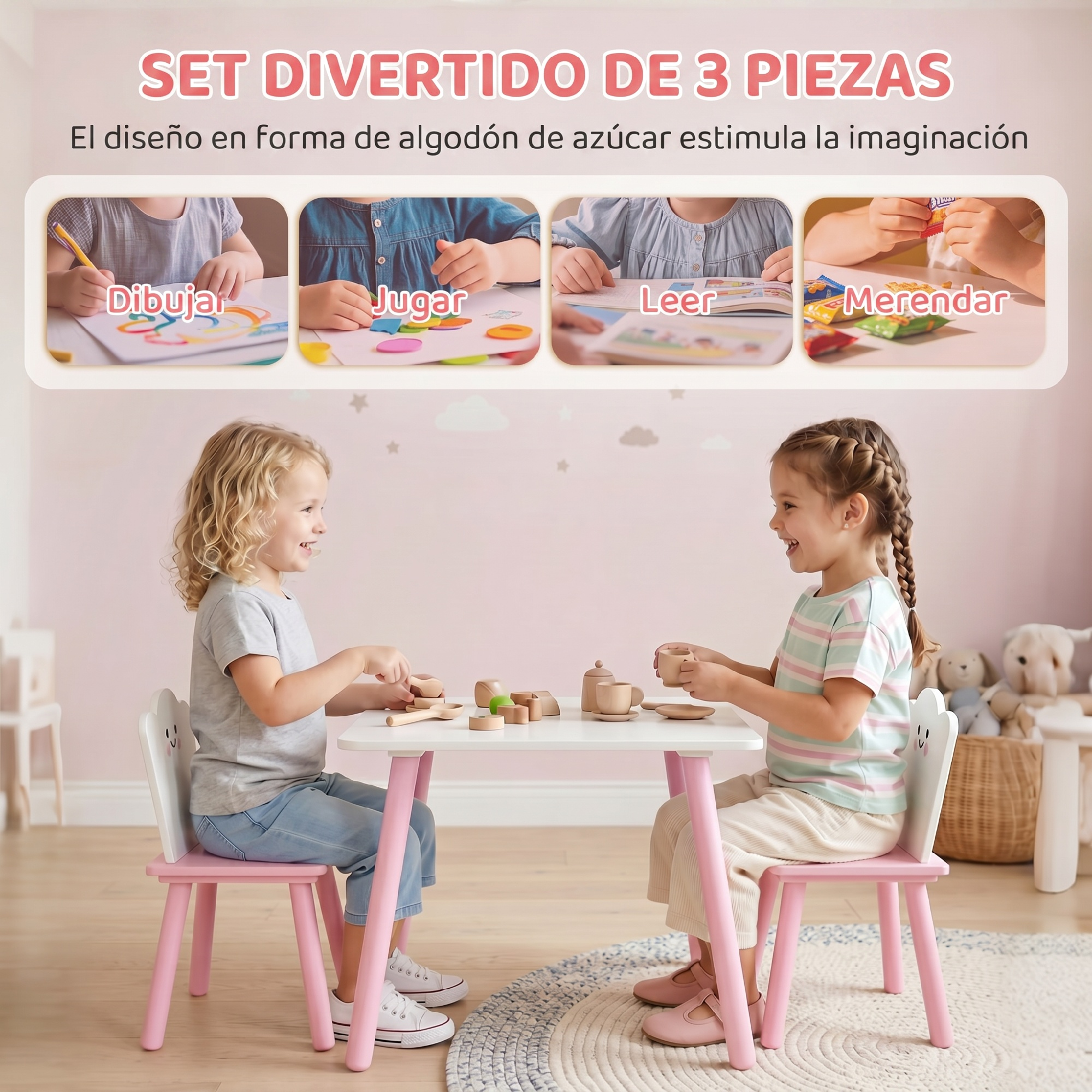 Dos niñas pequeñas se sientan en una mesa blanca con patas rosas, jugando con juguetes de madera.