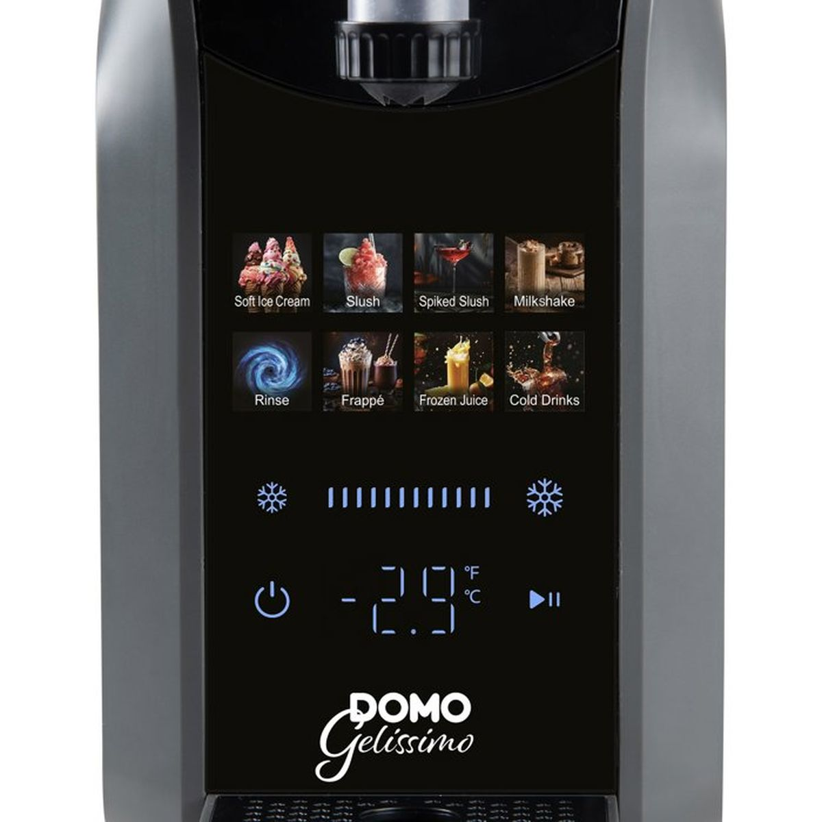Pannello di controllo della macchina Domo Gelissimo con touch screen per varie bevande e display della temperatura.
