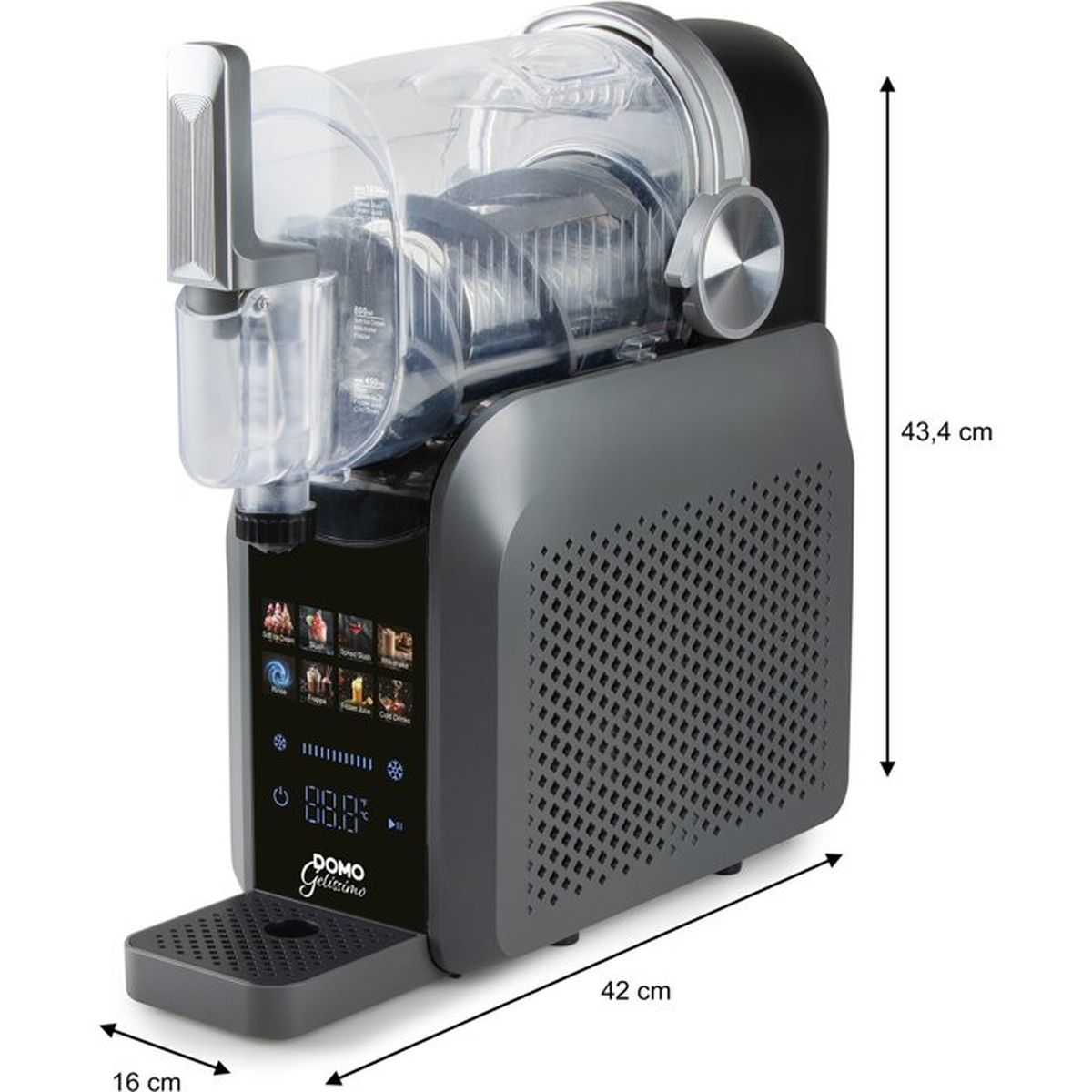 Moderna gelatiera grigia con contenitore trasparente e dimensioni di 43,4 x 42 x 16 cm.