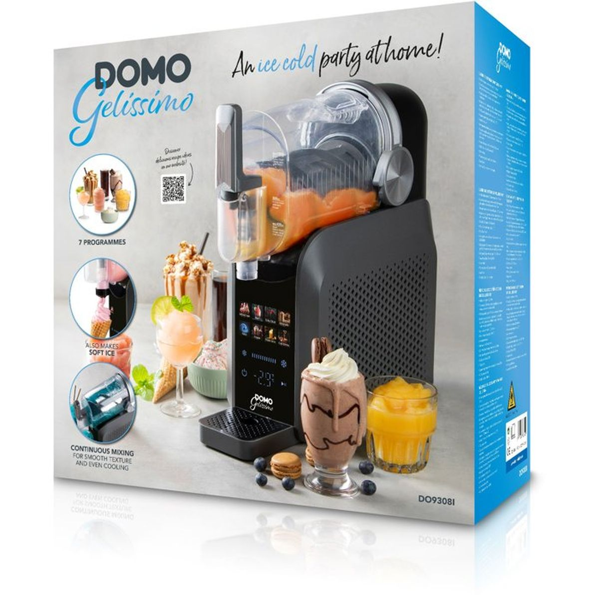 Scatola della gelatiera Domo Gelissimo con immagine del prodotto e dessert.