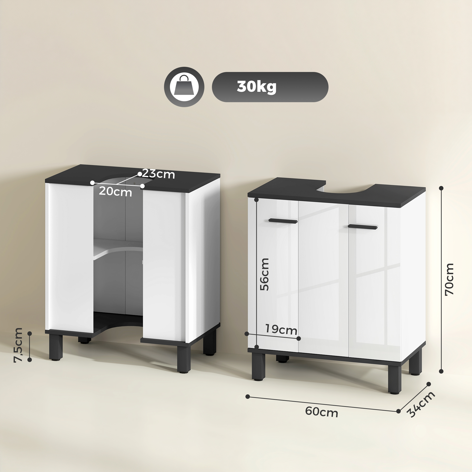 Diagrama que muestra dimensiones y carga máxima de 30 kg para dos muebles de lavabo blancos.