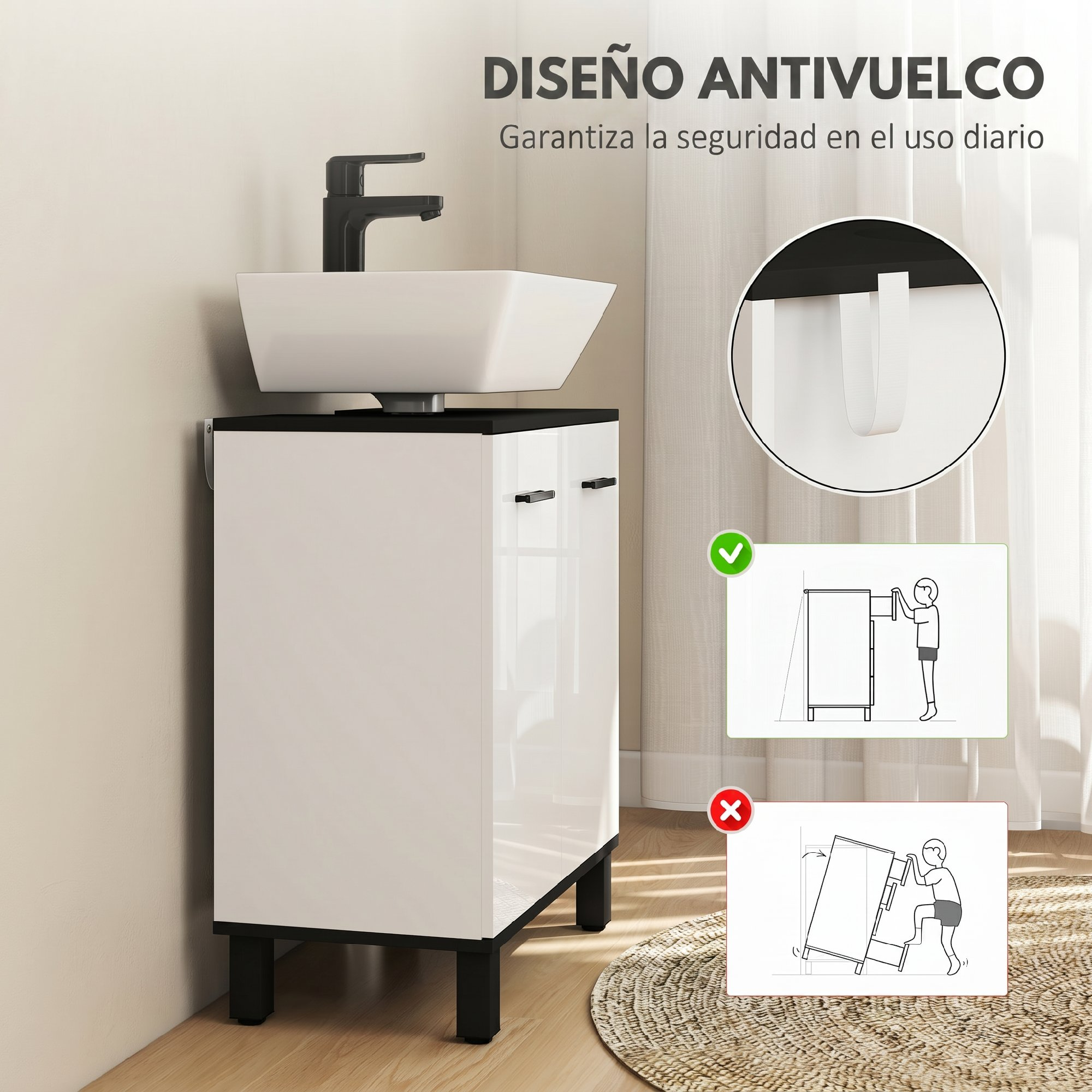 Mueble de baño blanco con patas negras, lavabo y diagrama antivuelco.