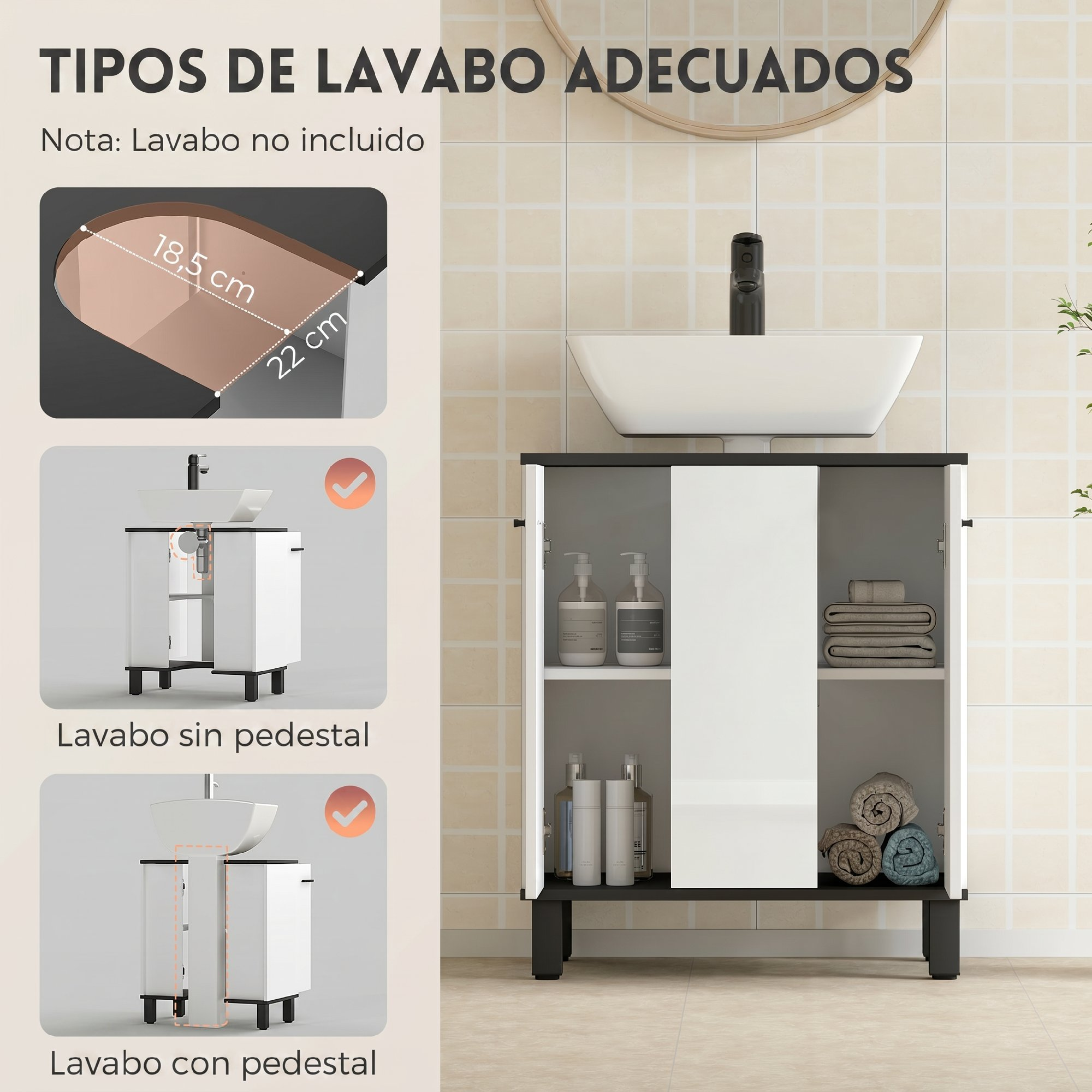Mueble de baño en blanco y negro con lavabo, detalles de medidas y ejemplos de lavabos compatibles.
