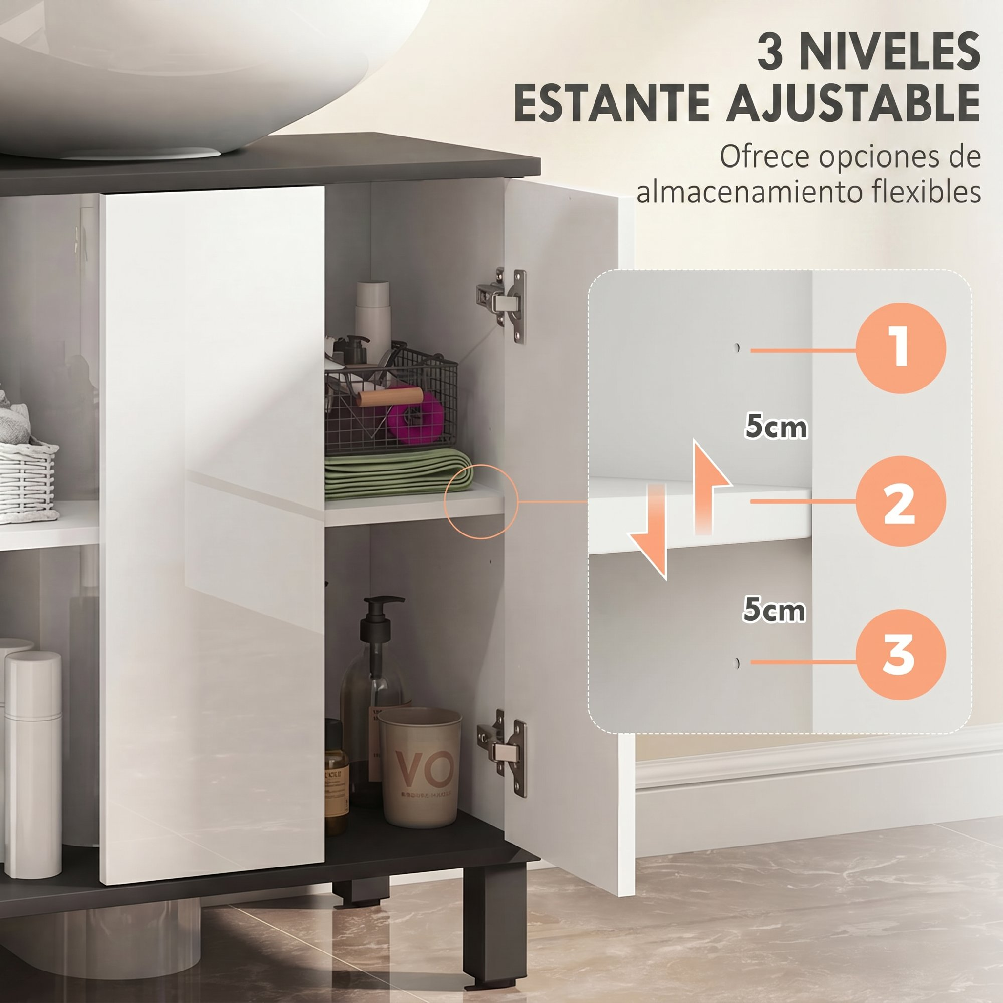 Mueble de baño blanco con puertas abiertas, mostrando estantes ajustables con tres niveles de altura.
