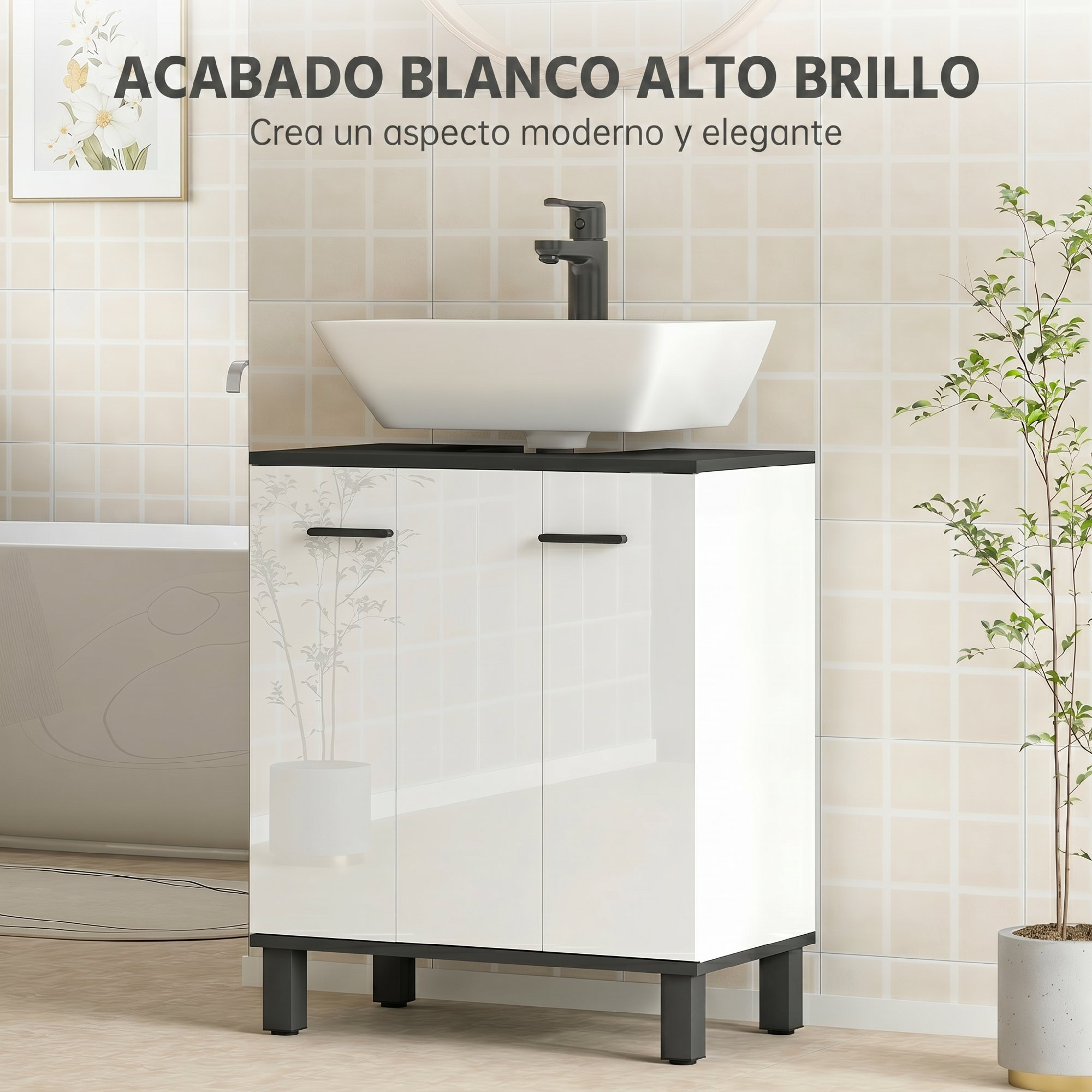 Mueble de lavabo blanco brillante con grifo y patas negras en un baño de azulejos.
