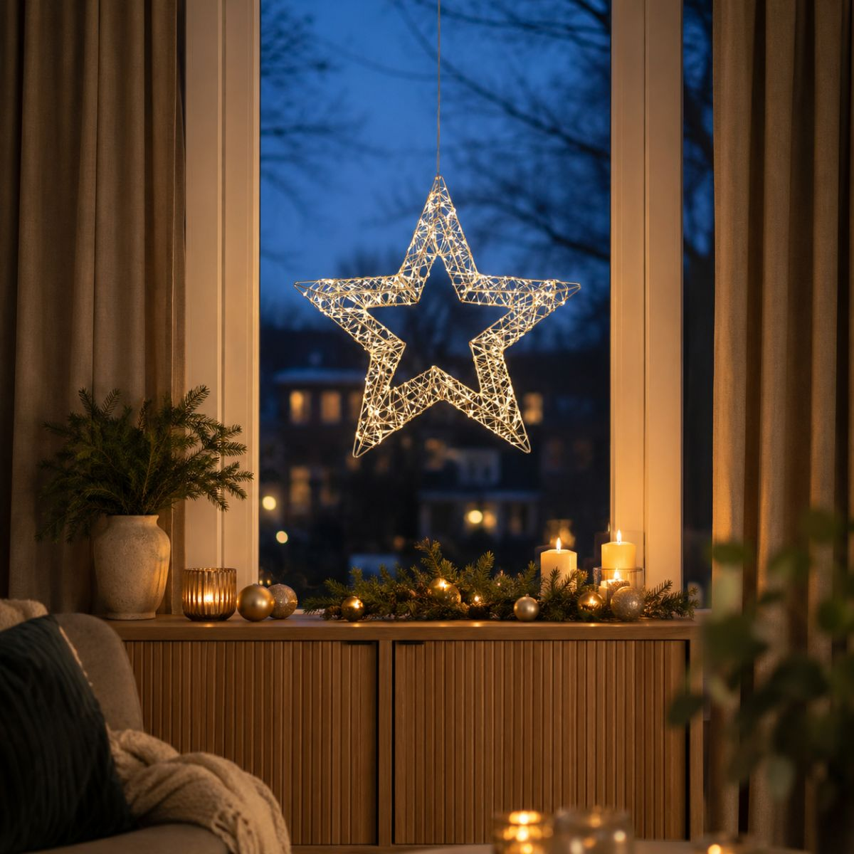 Een verlichte draadster hangt in een raam bij schemering, versierd met kaarsen en takken.