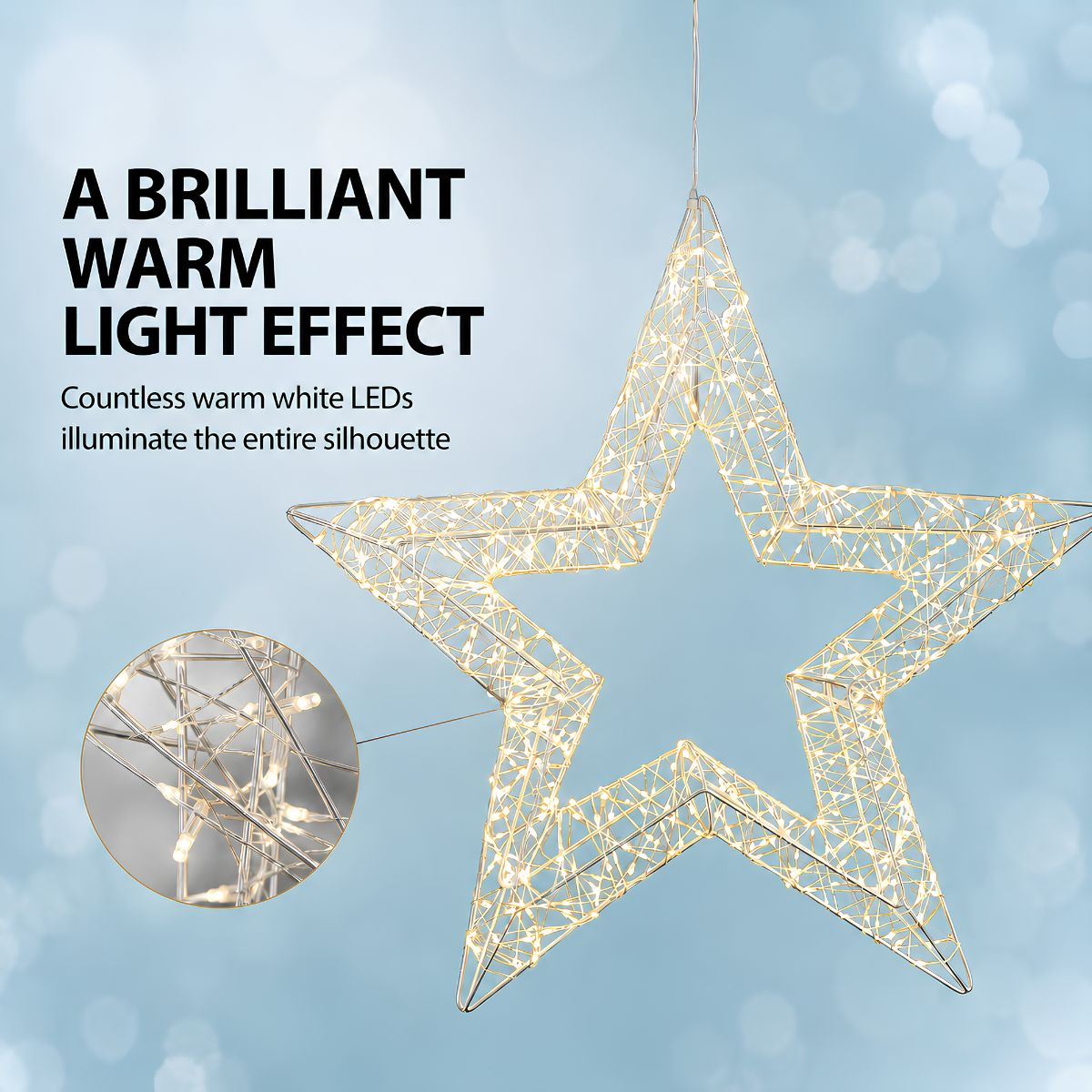 Een oplichtende draadster hanglamp met warmwitte LEDs op een blauwe achtergrond met tekst.