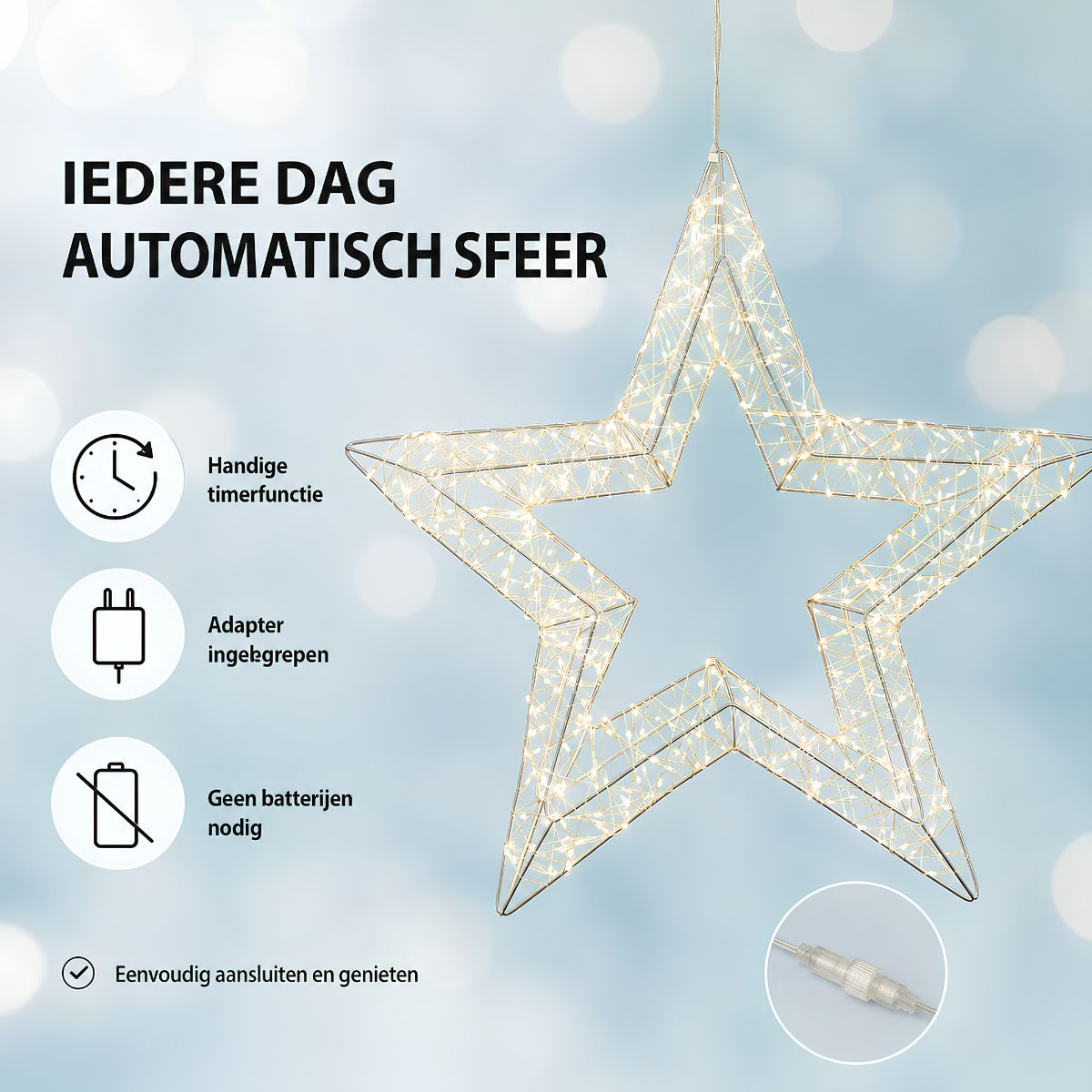 Verlichte draadhangster met timer, adapter en tekst op een blauwe achtergrond.