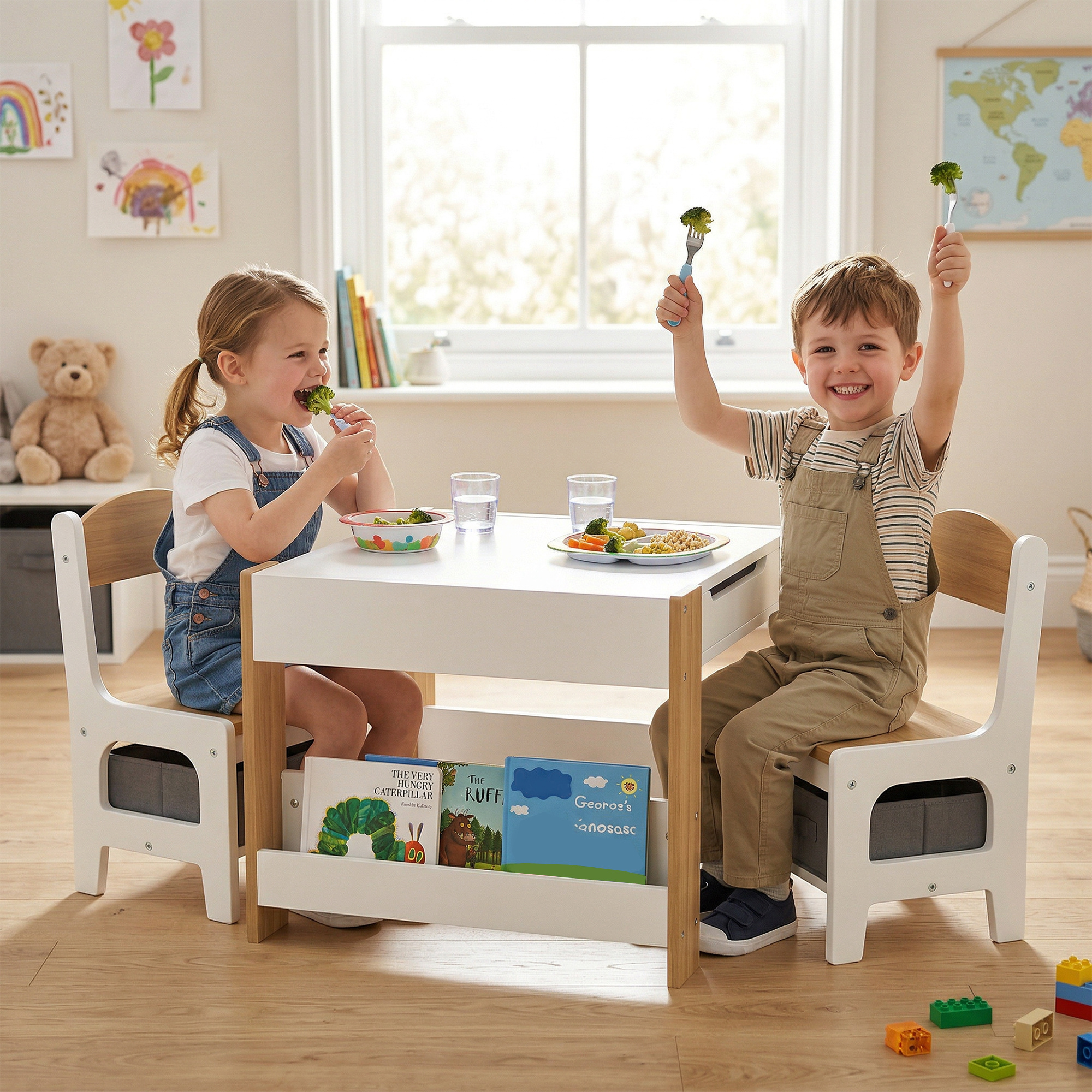 Dos niños se sientan en una mesa blanca, comen y levantan tenedores con brócoli.