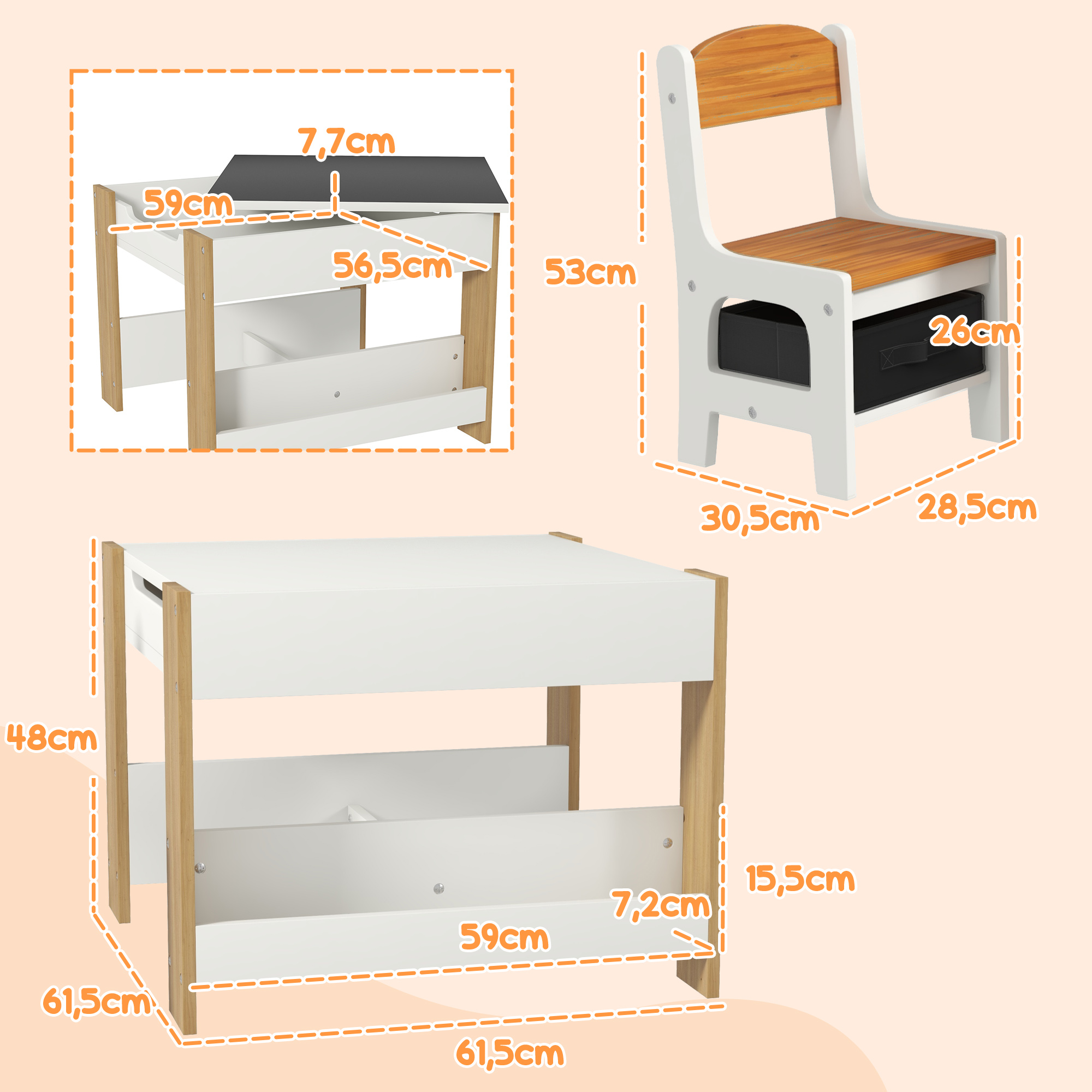 Diagrama acotado de una mesa y silla infantil blanca con detalles de madera y cajones negros.
