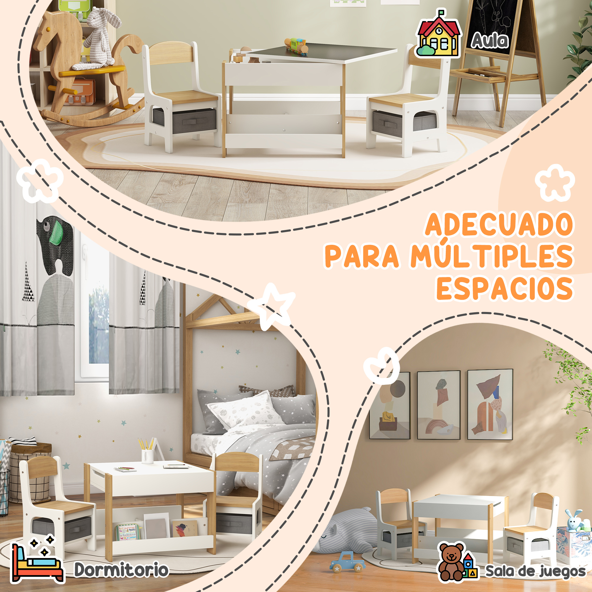 Varios juegos de muebles infantiles en tres espacios diferentes: aula, dormitorio y sala de juegos.
