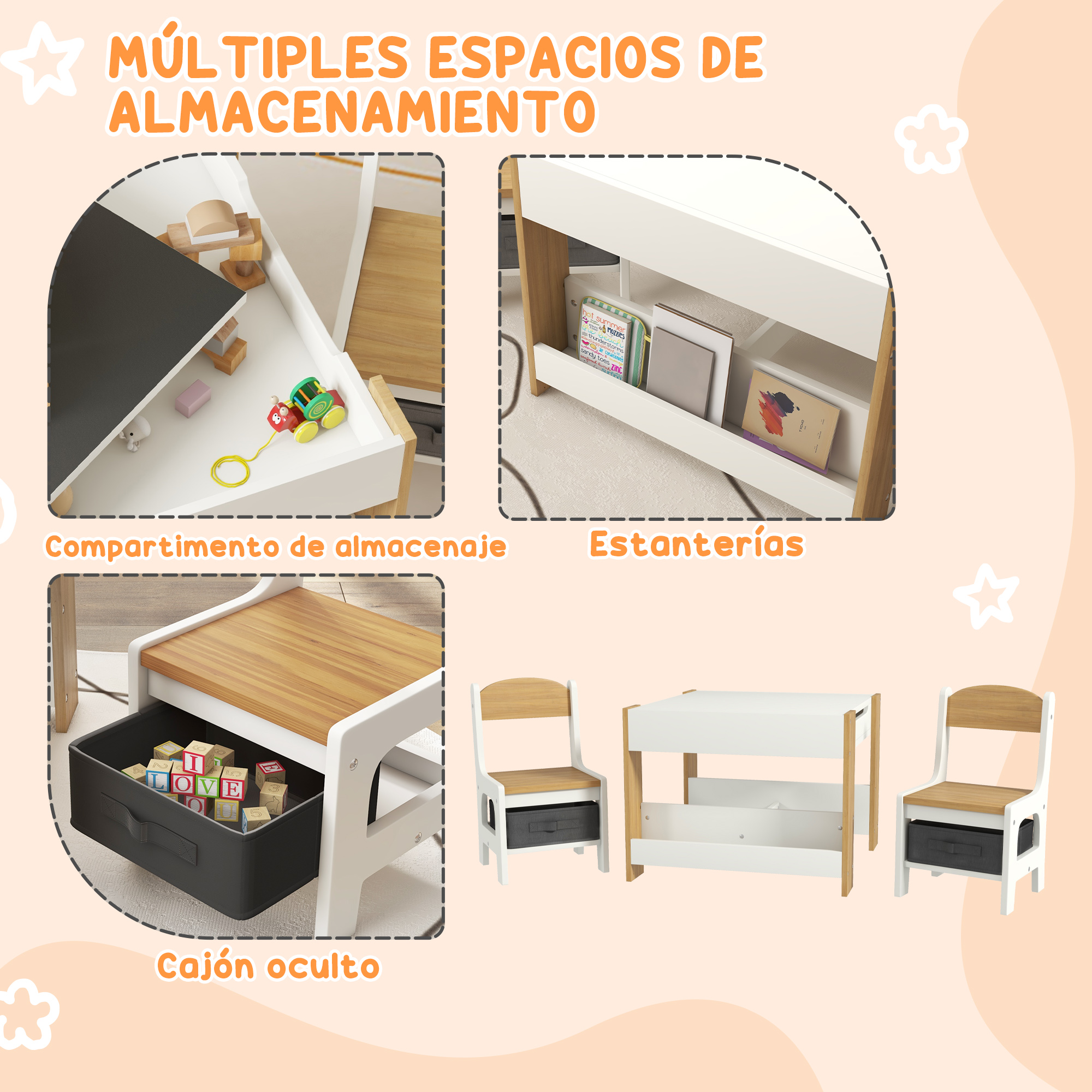 Conjunto de escritorio infantil blanco y madera con almacenaje y cajón oculto.