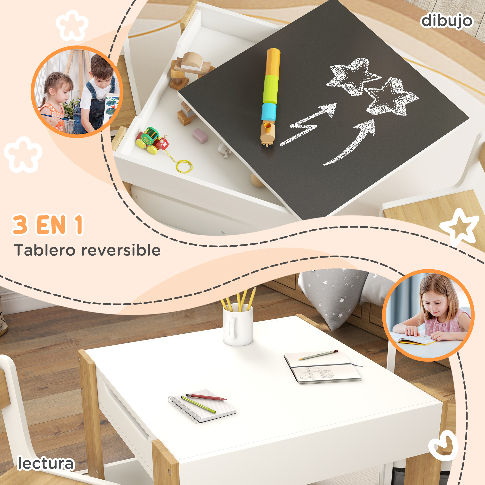 Mesa infantil blanca con pizarra reversible y círculos insertados que muestran niños pintando y leyendo.